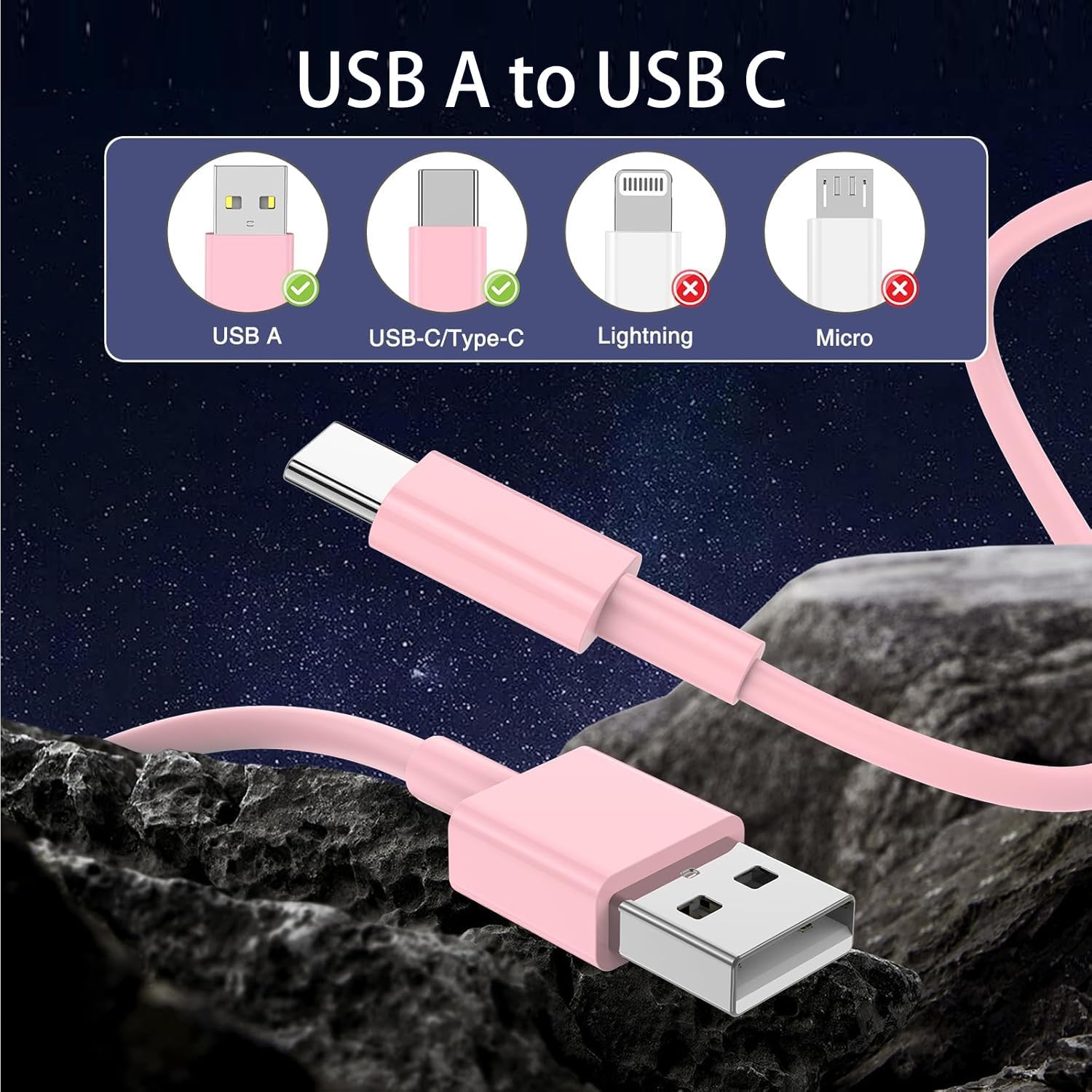 Detalle de Pink USB A to USB C Charger Cable 1M – Fast Charging & Data Sync for iPhone, iPad, Samsung and More