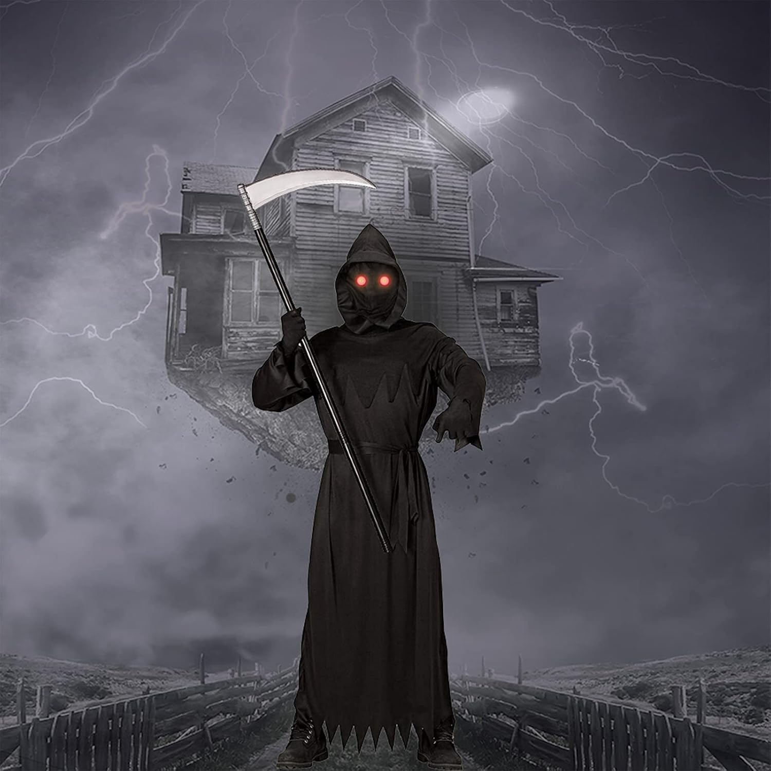 Detalle 1 de Lomesion Grim Reaper Halloween Costume for Kids with Glowing Red Eyes