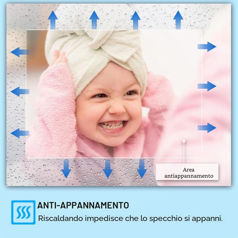 Thumbnail 3 de MIQU Specchio da bagno LED 80x60 cm con touch, luce dimmerabile e antiappannamento