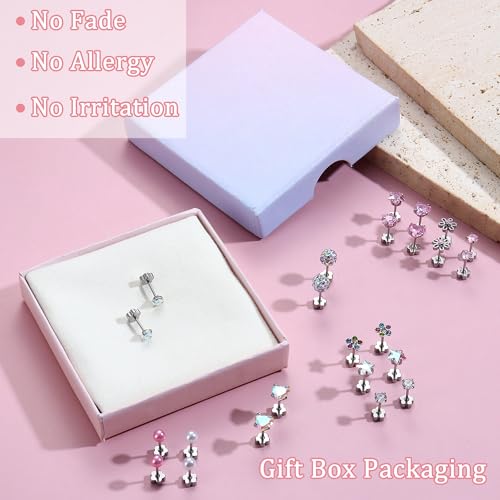 Detalle de JeweBella Hypoallergenic Flat Back Earrings Set – Surgical Steel, 12–14 Pairs for Girls