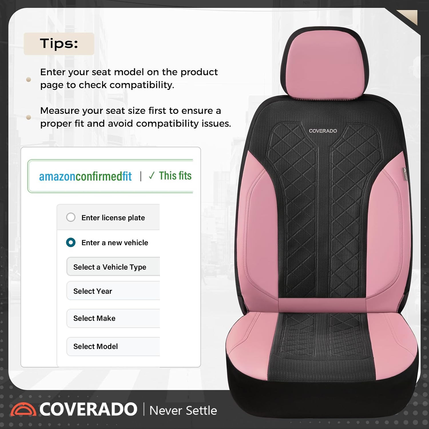 Detalle 2 de Coverado Automotive Seat Covers Full Set with Leather-Style PU & Mesh Panels (Pink Driver Seat Protectors) — Universal Fit