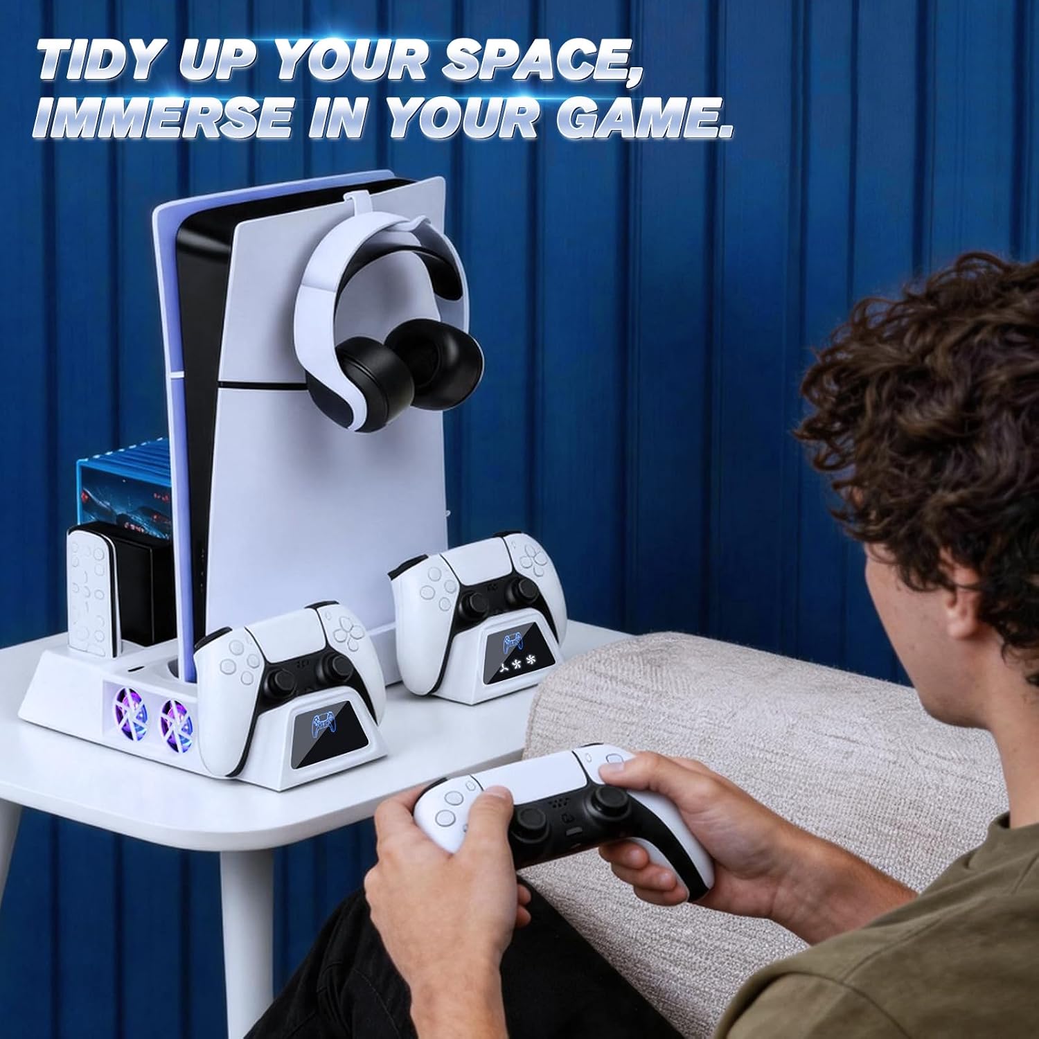 Detalle de LENISUOLE PS5/Slim/Pro Stand and Cooling Station with Dual Controller Charging & Headset Holder