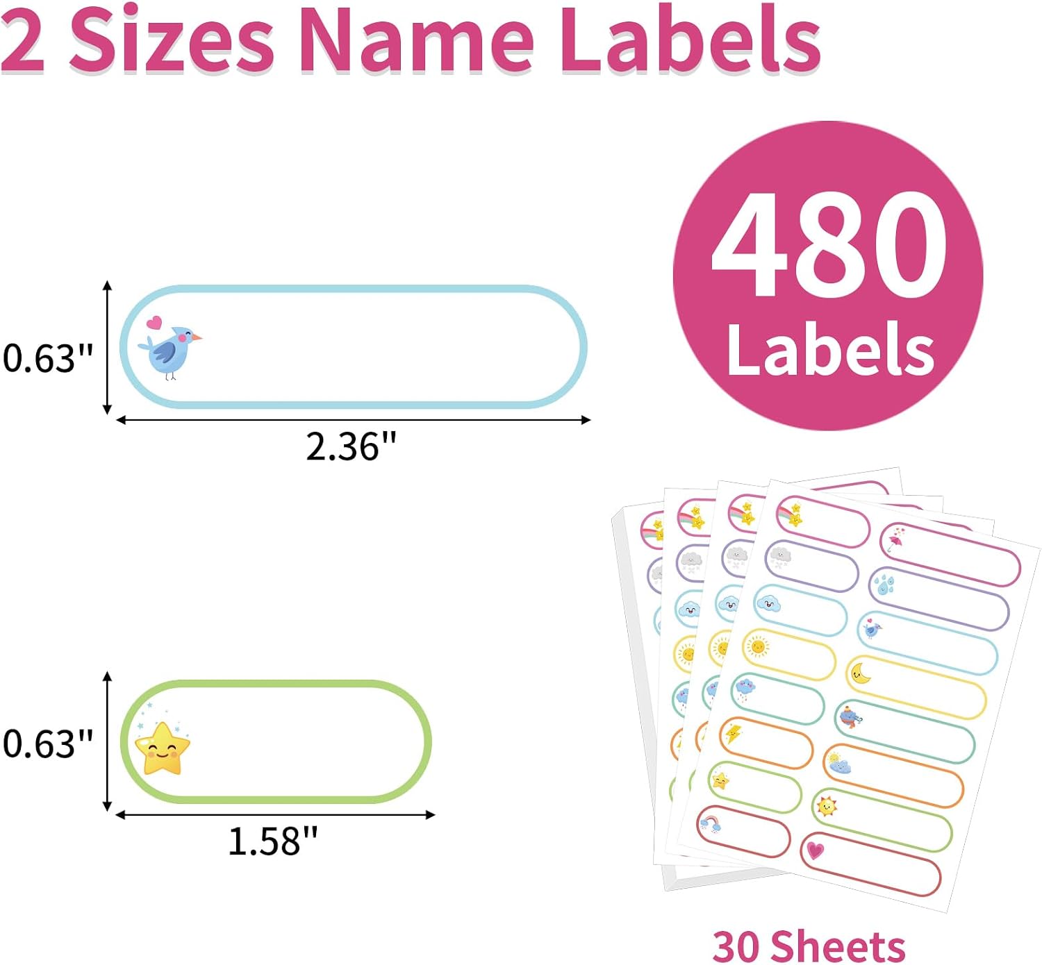 Detalle 2 de MOWPOG Bottle Labels, 480 Waterproof Write-On Name Stickers in Two Sizes