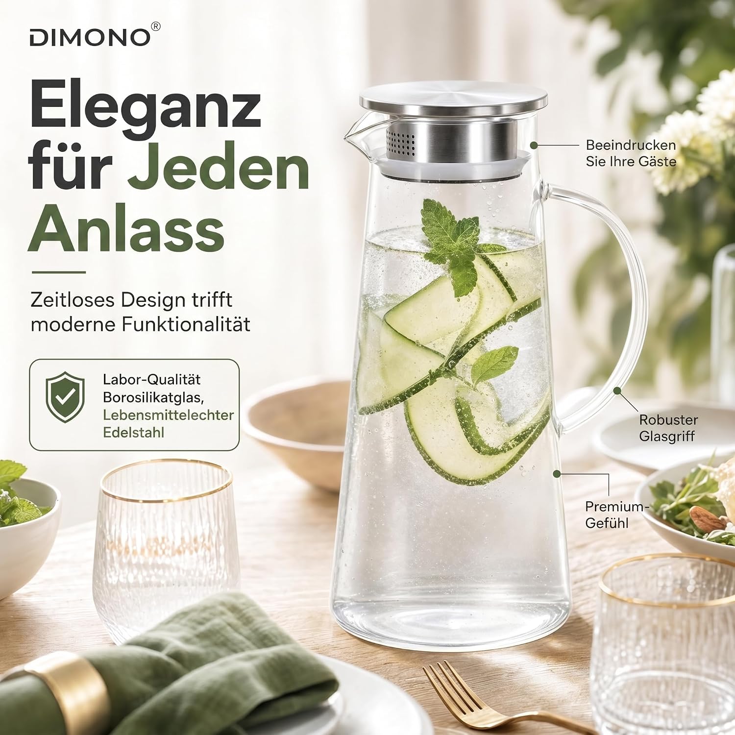 Thumbnail 1 de Dimono Glass Water Jug, 1.5L Borosilicate Carafe with Stainless Steel Filter