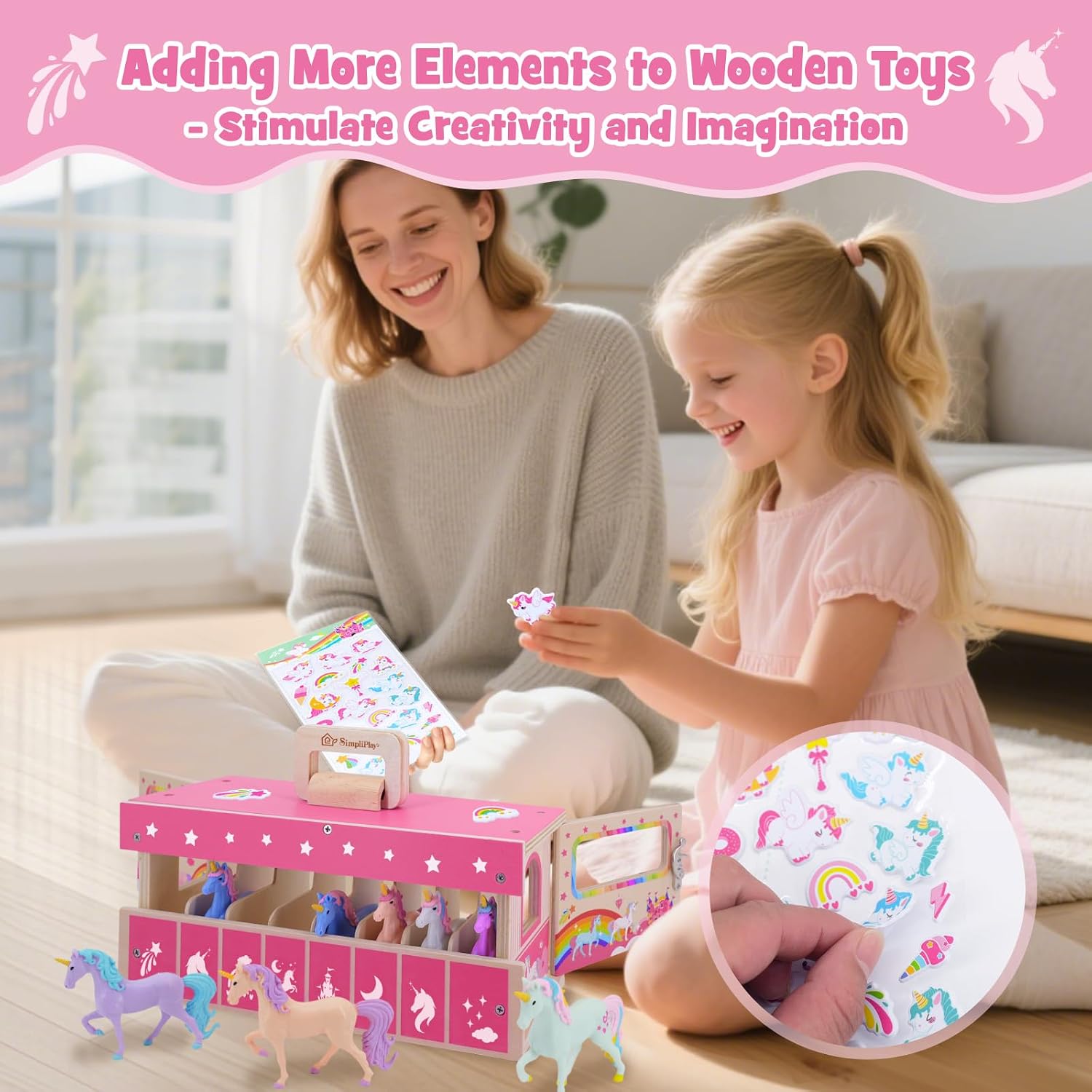 Thumbnail 4 de SIMPLIPLAY Unicorn Wooden Stable Playset – Portable Toy Horse Stable with 8 Unicorn Figures