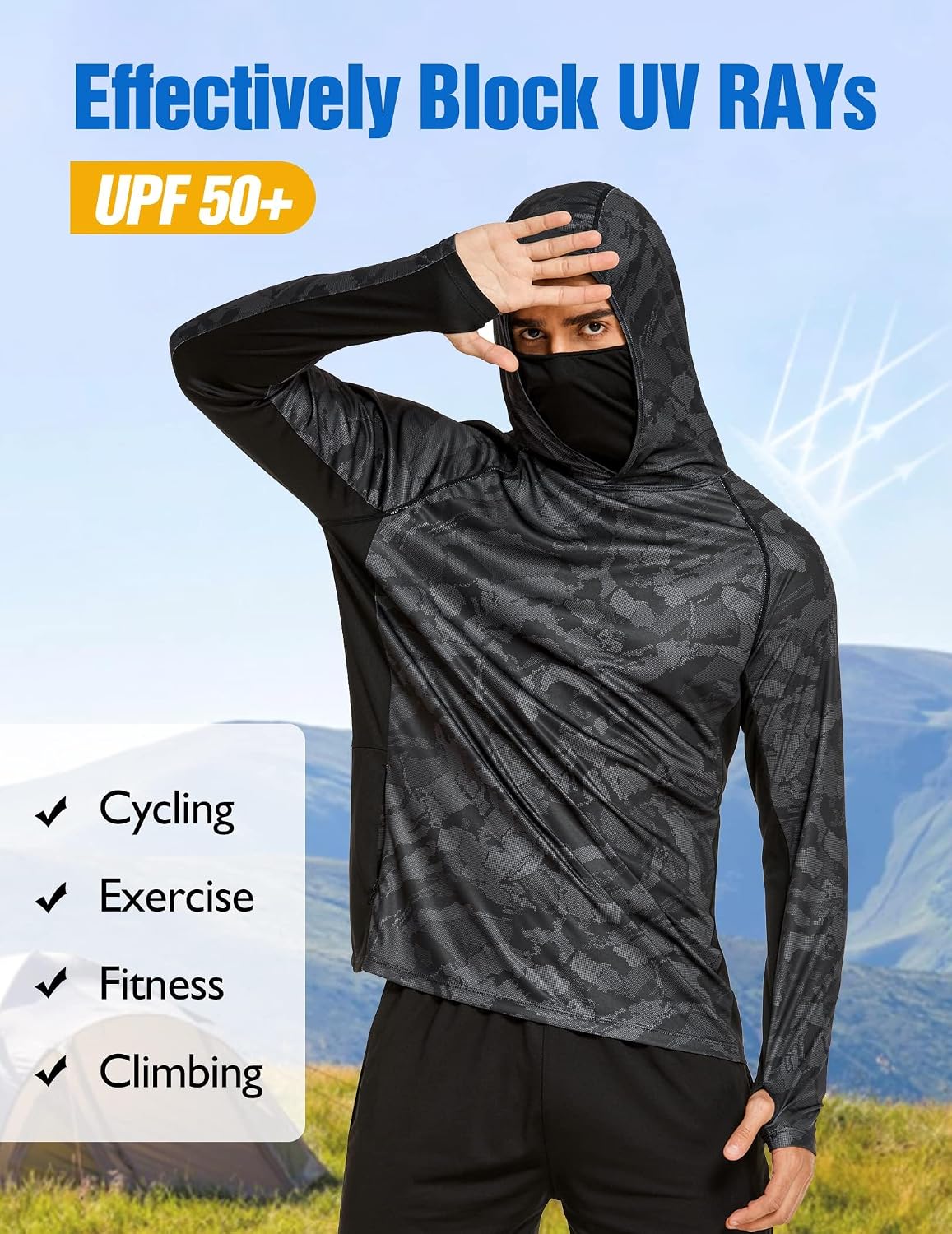 Detalle 2 de COOrun Men's Hooded Sun Shirt with Mask — UPF 50+ Rash Guard for Outdoor Comfort