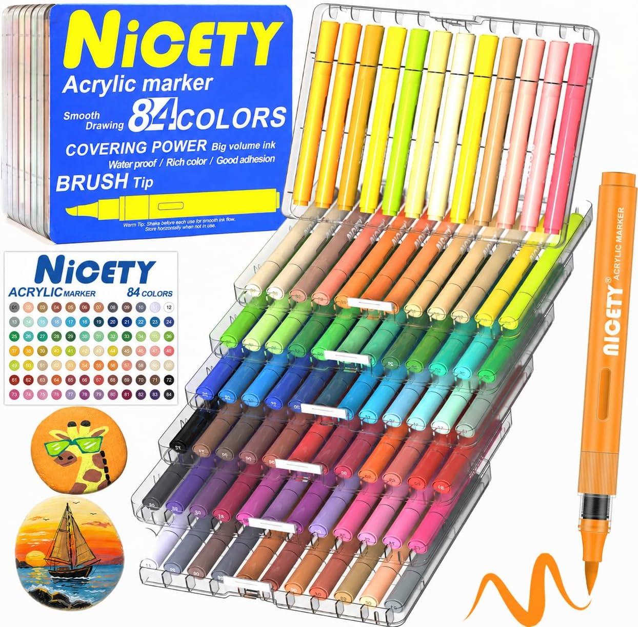 Detalle de NICETY 84 Kolory – markery akrylowe z końcówką pędzelkową 1–5 mm