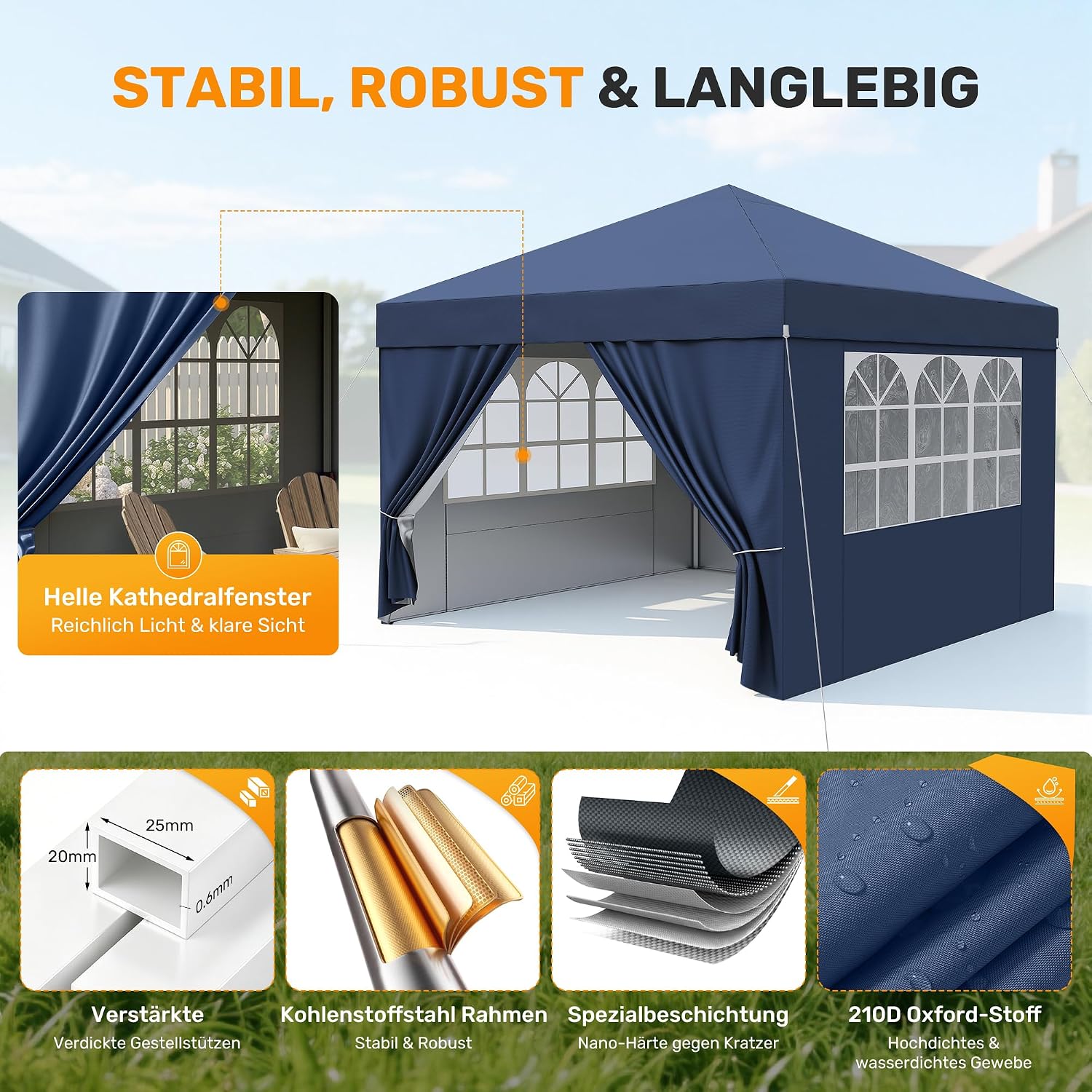 Detalle 2 de Hawthyhome Pavillon 3x3 – Wasserdicht, stabil und winterfest mit 4 Seitenwänden (Blau)