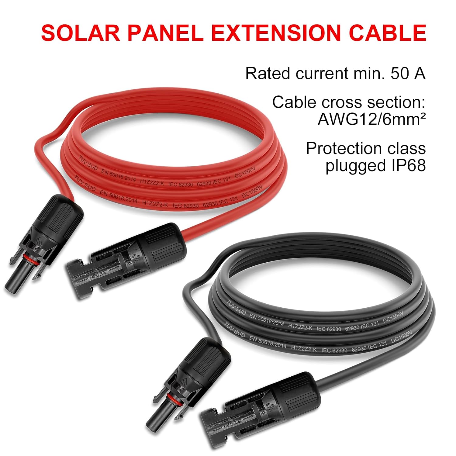 Detalle de Solarkabel 6 mm² / Verlängerungskabel 4 mm² mit Steckern (Rot/Schwarz) – 2 m für Photovoltaik