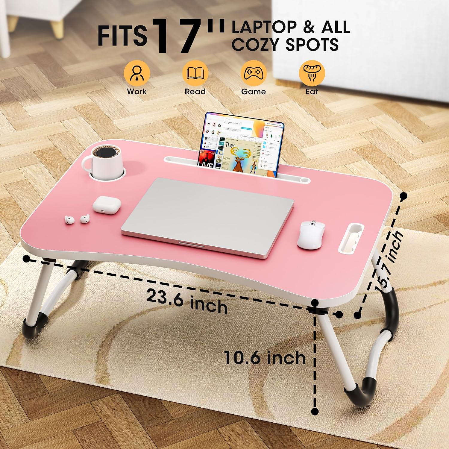 Detalle de Frpufi LD002 Folding Lap Desk, 23.6-Inch Wood Bed Table with Cup Holder, Pink