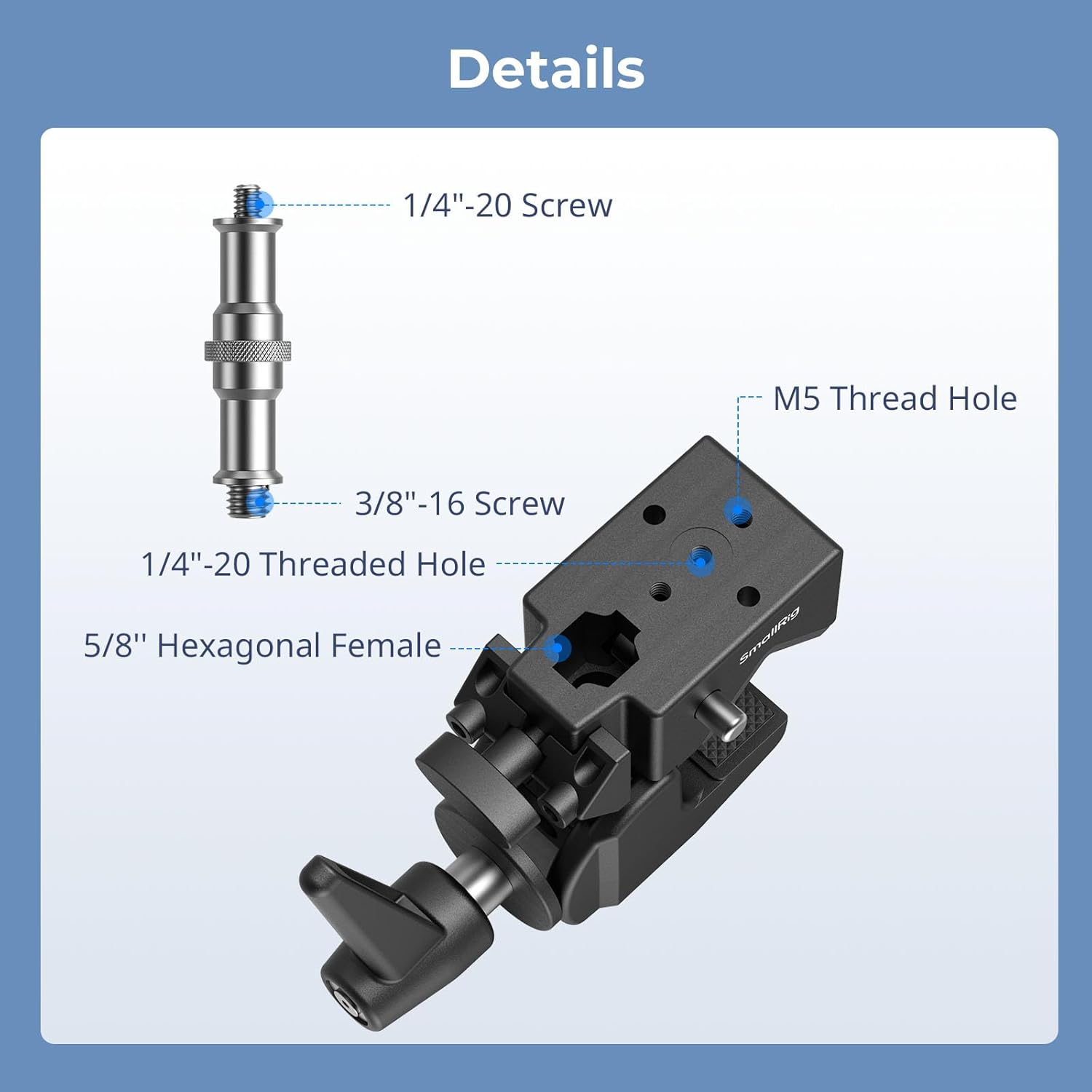 Detalle 1 de SMALLRIG Kit de super pince 4861 : charge max 15 kg, vis 1/4"-20/3/8"-16 sur goujon 5/8