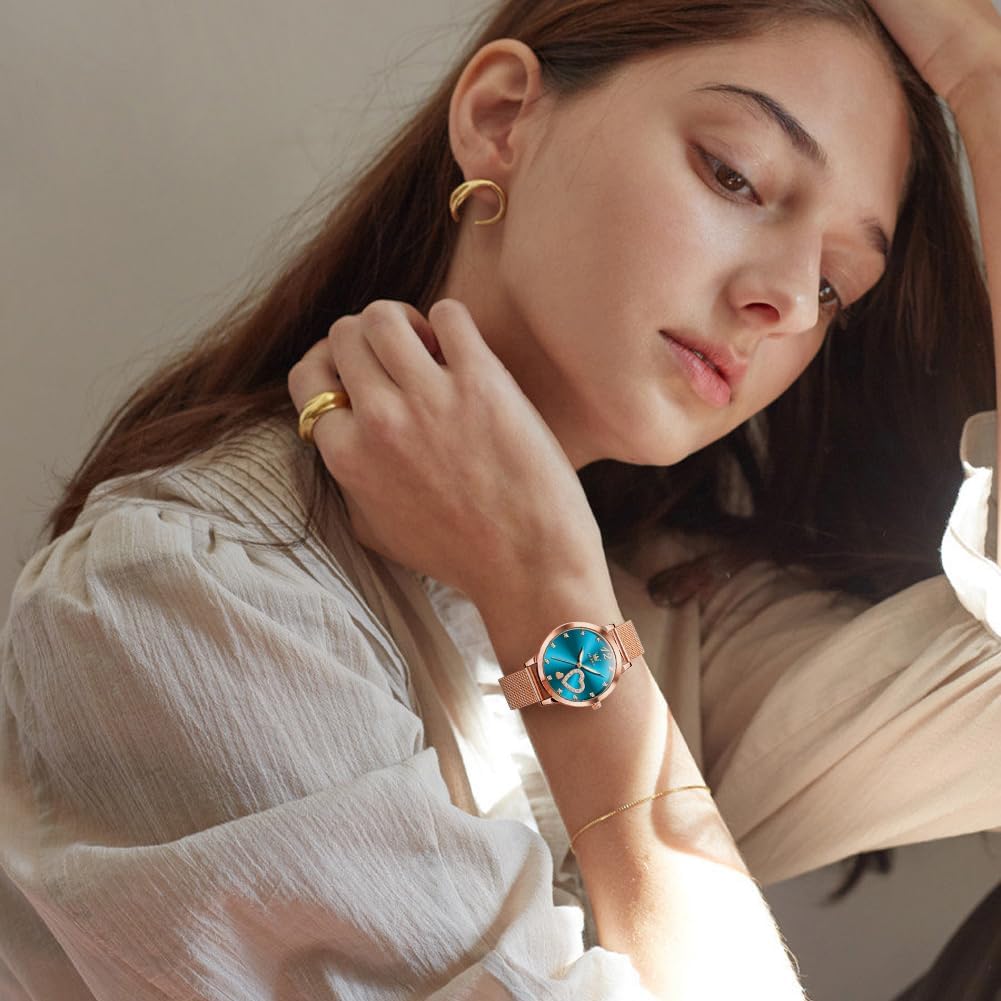 Detalle 2 de OLEVS Montre pour Femme Or Rose avec cœur Diamant – étanche 30 m, cadran cœur et mouvement quartz japonais
