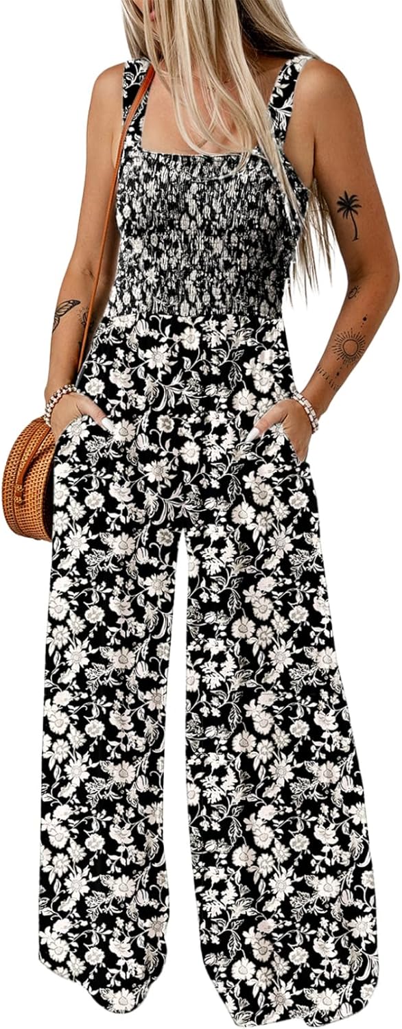Dokotoo Women's Casual Loose Overalls Jumpsuits: Sleeveless Printed Wide-Leg Rompers with Pockets
