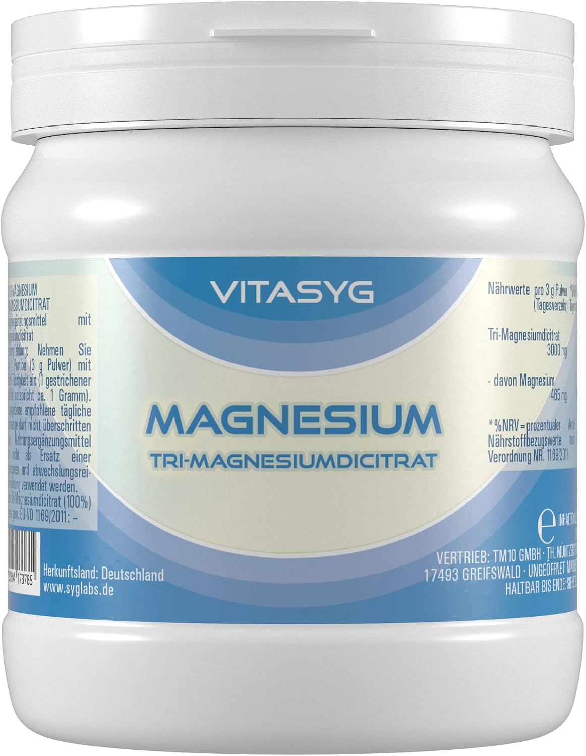 Detalle de Vitasyg Tri-Magnesiumdicitrat Pulver (500 g) – Magnesiumcitrat vegan, ohne Zusätze inkl. Messlöffel