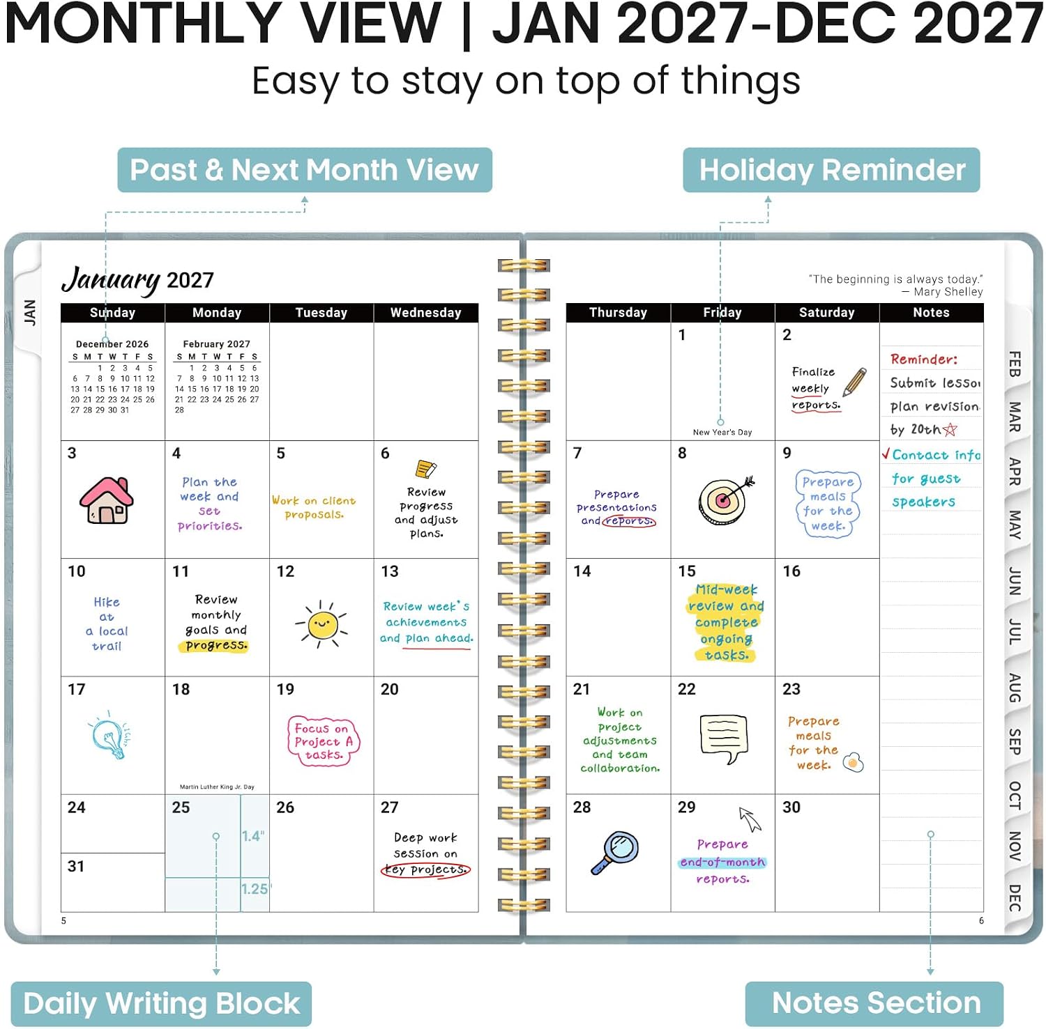 Detalle 2 de JEJEGO 2027 A5 Weekly and Monthly Planner, Hardcover with Spiral Binding