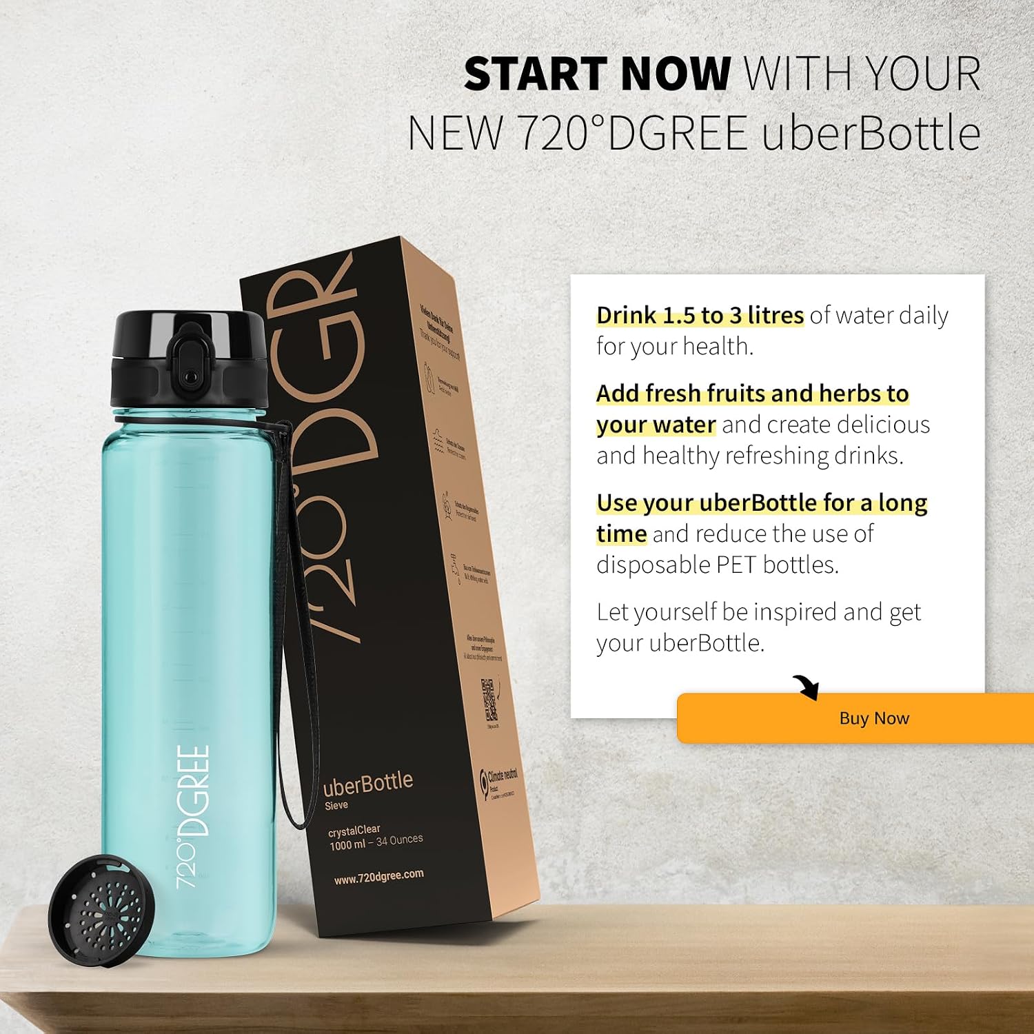 Detalle de 720°DGREE UberBottle + Setaccio Frutta 350 ml – Borraccia sportiva leggera e resistente in Tritan