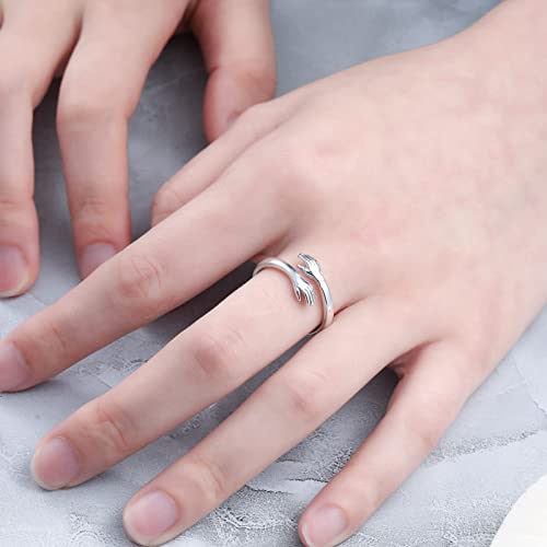 Detalle 2 de Wonvin Collection 925 Sterling Silver Hug Ring – I Love You Forever, Engraved Hugging Hands Open Ring