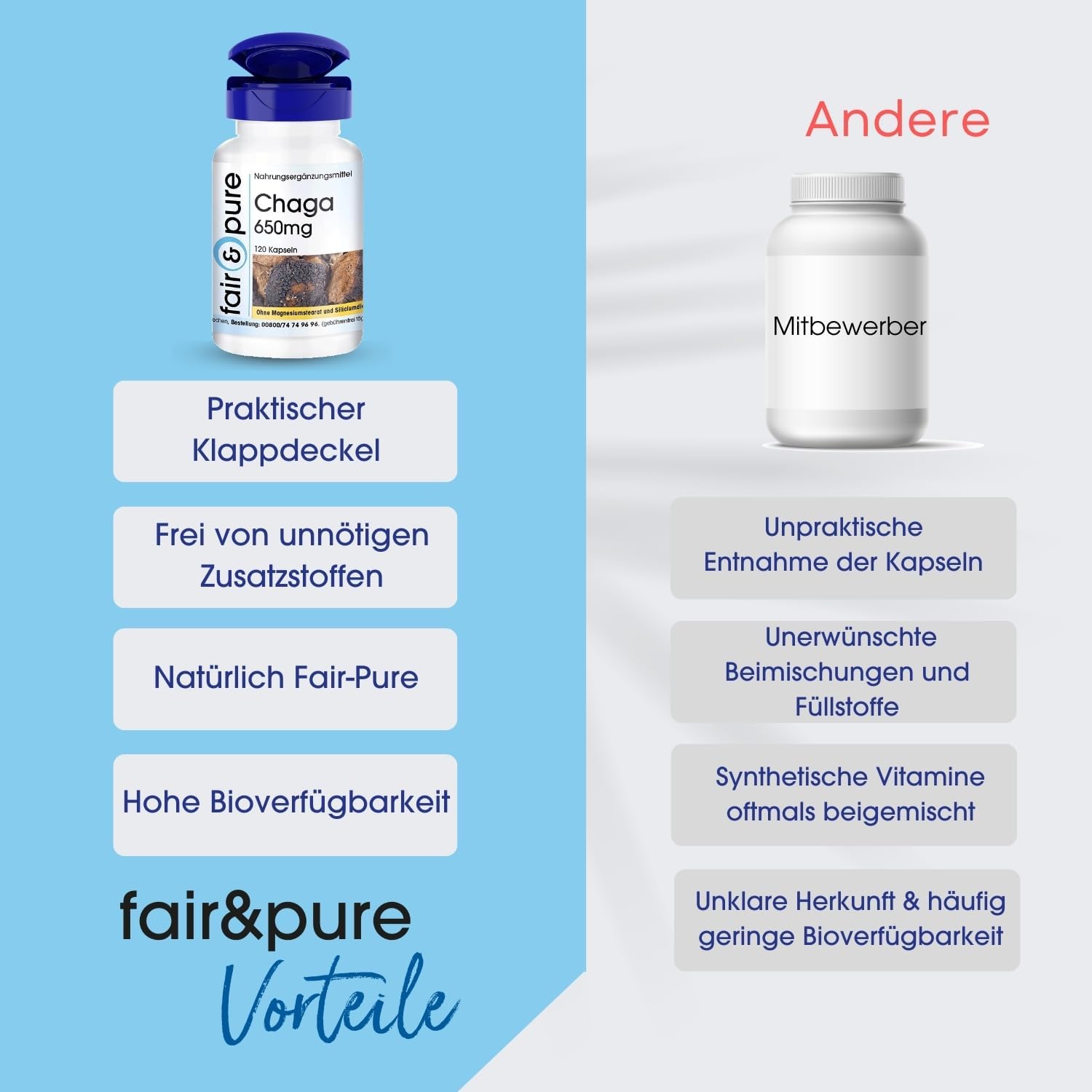 Detalle 2 de Fair & Pure Chaga 650mg, 120 Kapseln – Hochdosiert, vegan, hergestellt in Deutschland