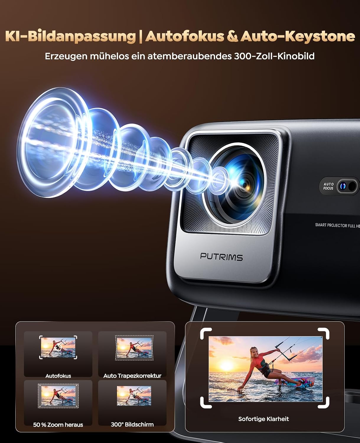 Detalle de Smart Beamer mit Google TV und 30W Lautsprechern – PUTRIMS P66 4KLED Beamer