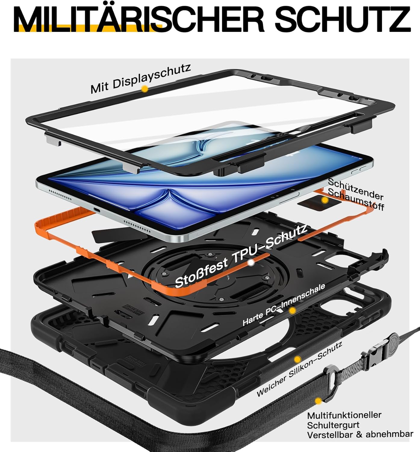 Thumbnail 5 de BRAECN Hülle für iPad Air 11 Zoll (M4/M3/M2, 2026/2025/2024) – stoßfeste Schutzhülle mit Displayschutz, 360° Ständer, Hand- und Schultergurt, Schwarz