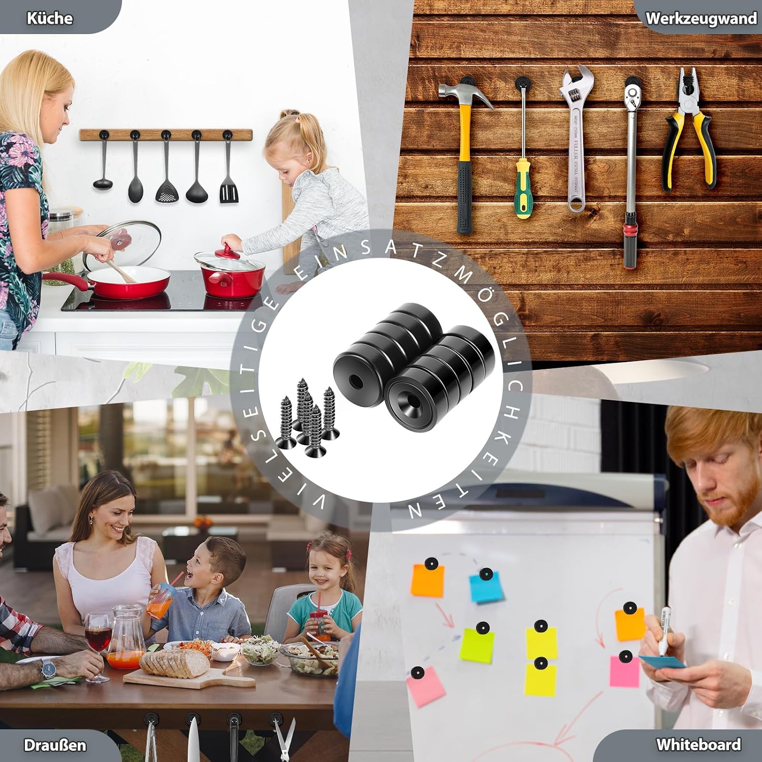 Detalle de Neosmuk Magnete (17 mm Durchmesser), schwarz, mit Loch – ideal für Holzwand, Whiteboard, Tür & Küche (10 Stück)