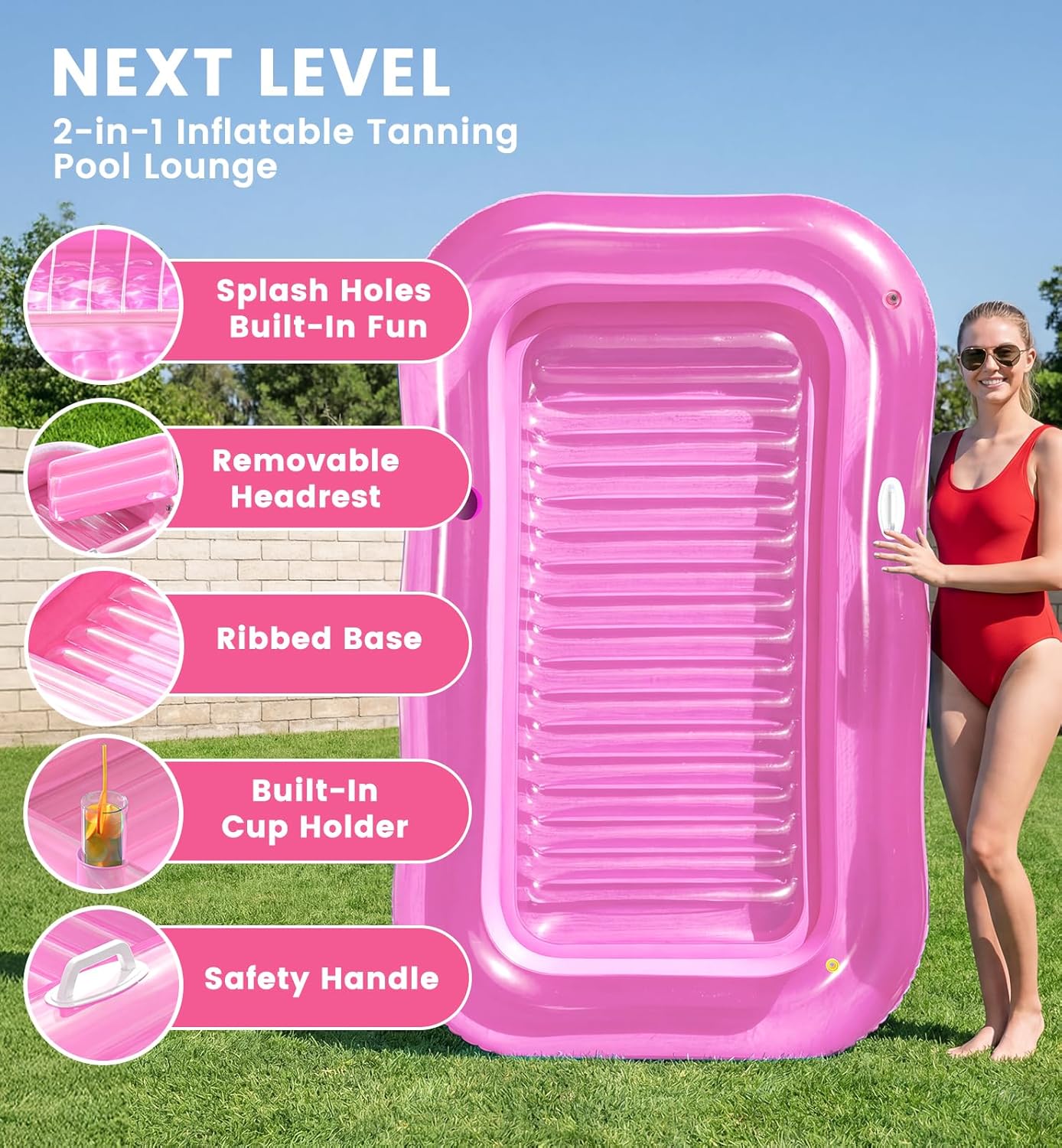 Detalle 2 de Inflatable Tanning Pool Lounger Float with Sprinkler — 77" x 48" XL