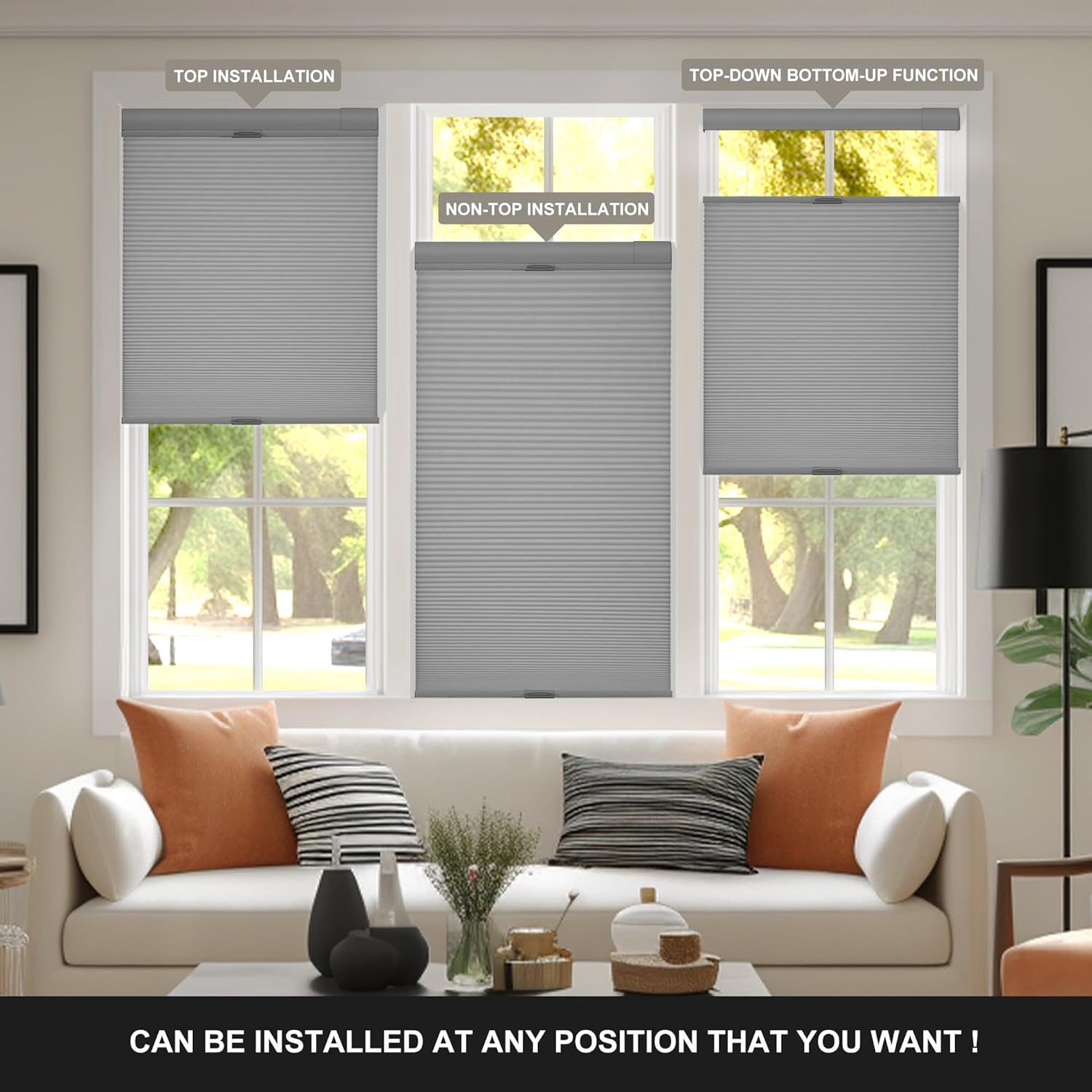 Detalle de Boolegon No Drill No Tools Cellular Shades – Top Down Bottom Up Honeycomb, Blackout Cordless 34.5" W x 48" H (Light Gray)