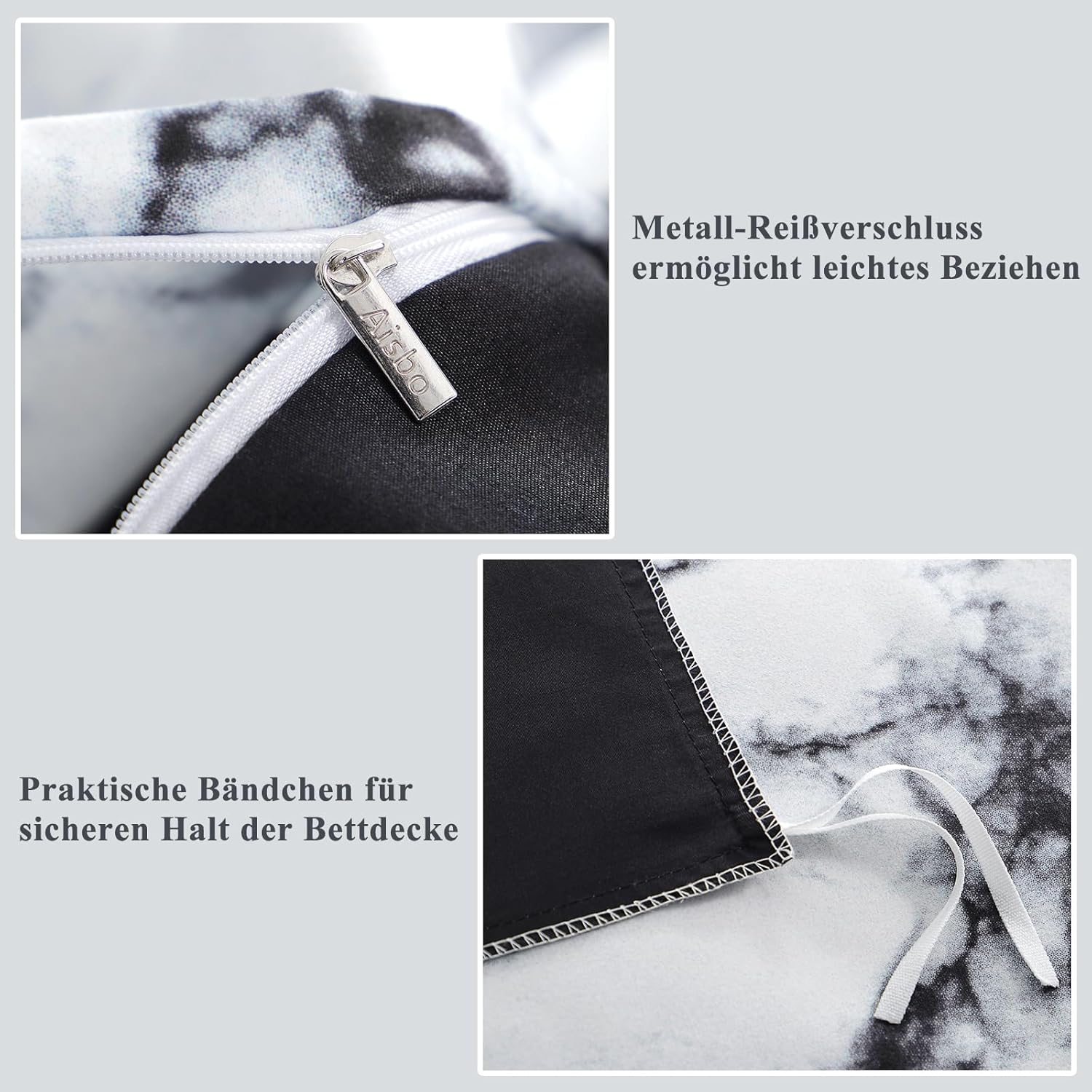 Thumbnail 5 de Aisbo Bettwäsche 135x200 (4-teilig) mit Mikrofaser & Reißverschluss – Marmor Schwarz, Set mit 2 Kissenbezügen 80x80