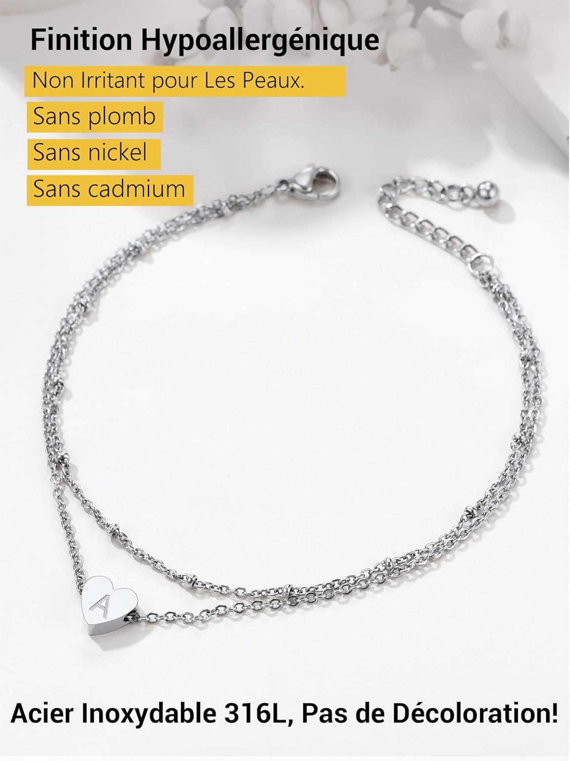 Thumbnail 2 de PROSTEEL Bracelet de cheville femme en acier inoxydable avec cœur initiale double chaîne ajustable 22+5 cm