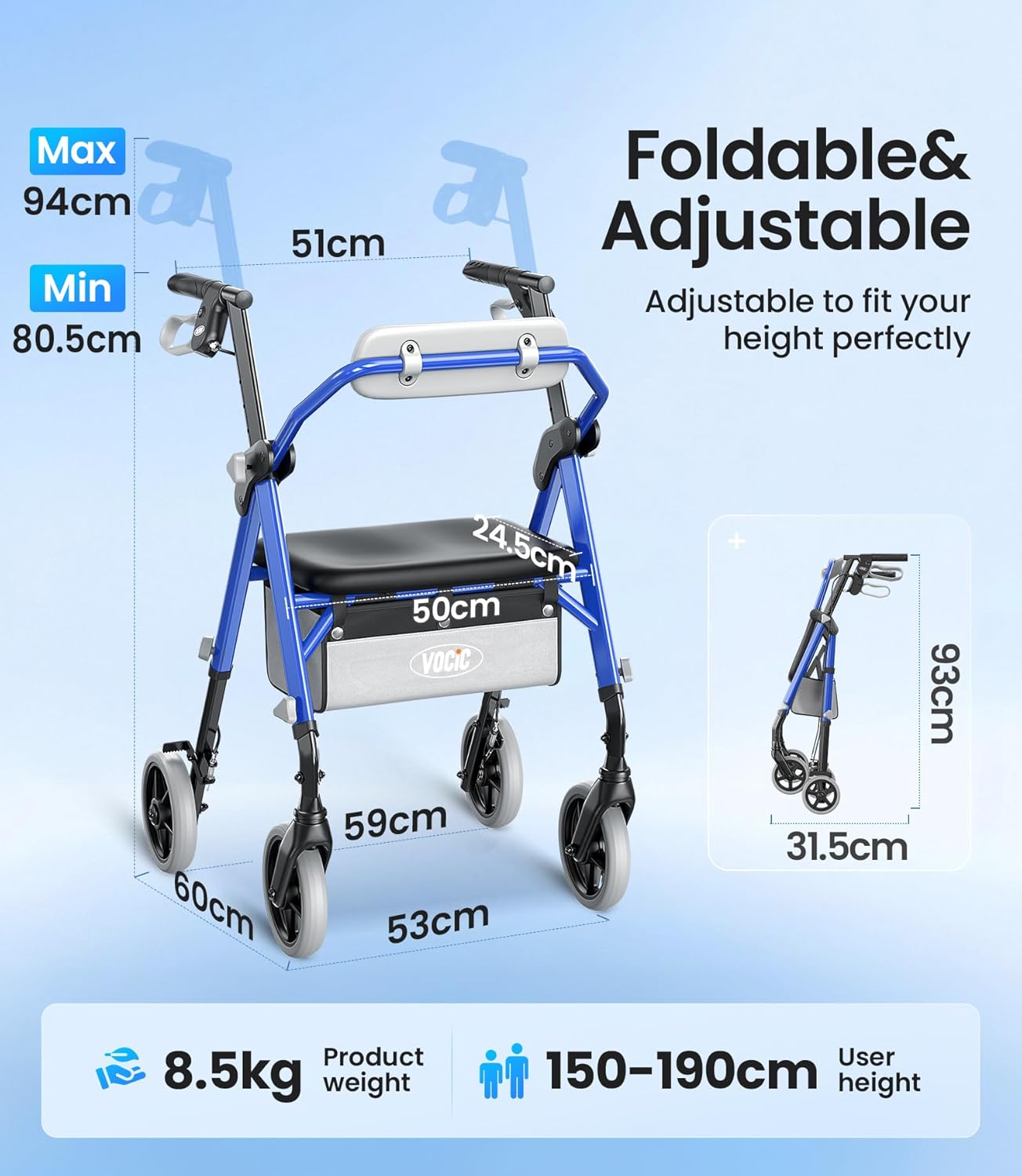 Thumbnail 6 de VOCIC Z11 Walkers for Seniors: All-Terrain Rollator with Ergo Comfort Seat