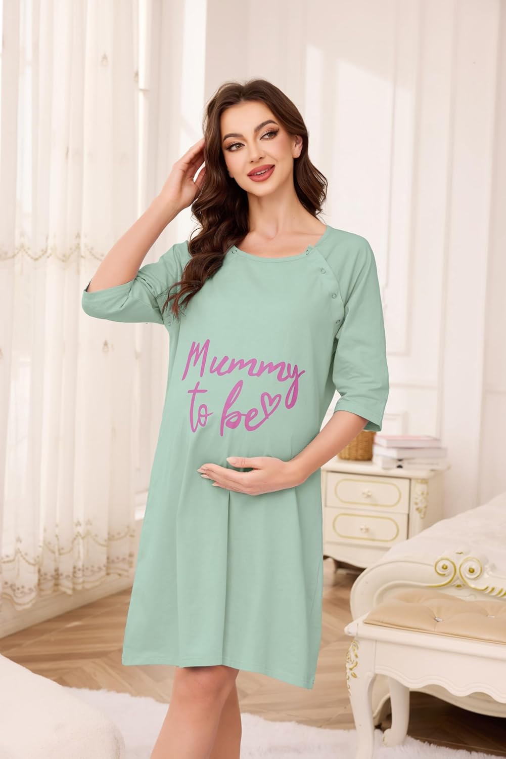 Detalle 2 de Vlazom Women 3 in 1 Cotton Nursing Nightgown: A practical maternity gown for labour, hospital care and nursing
