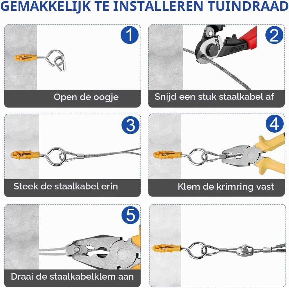Detalle de ANOMM tuindraadset 50 m, 2 mm PVC-gecoat RVS met M5-spanners