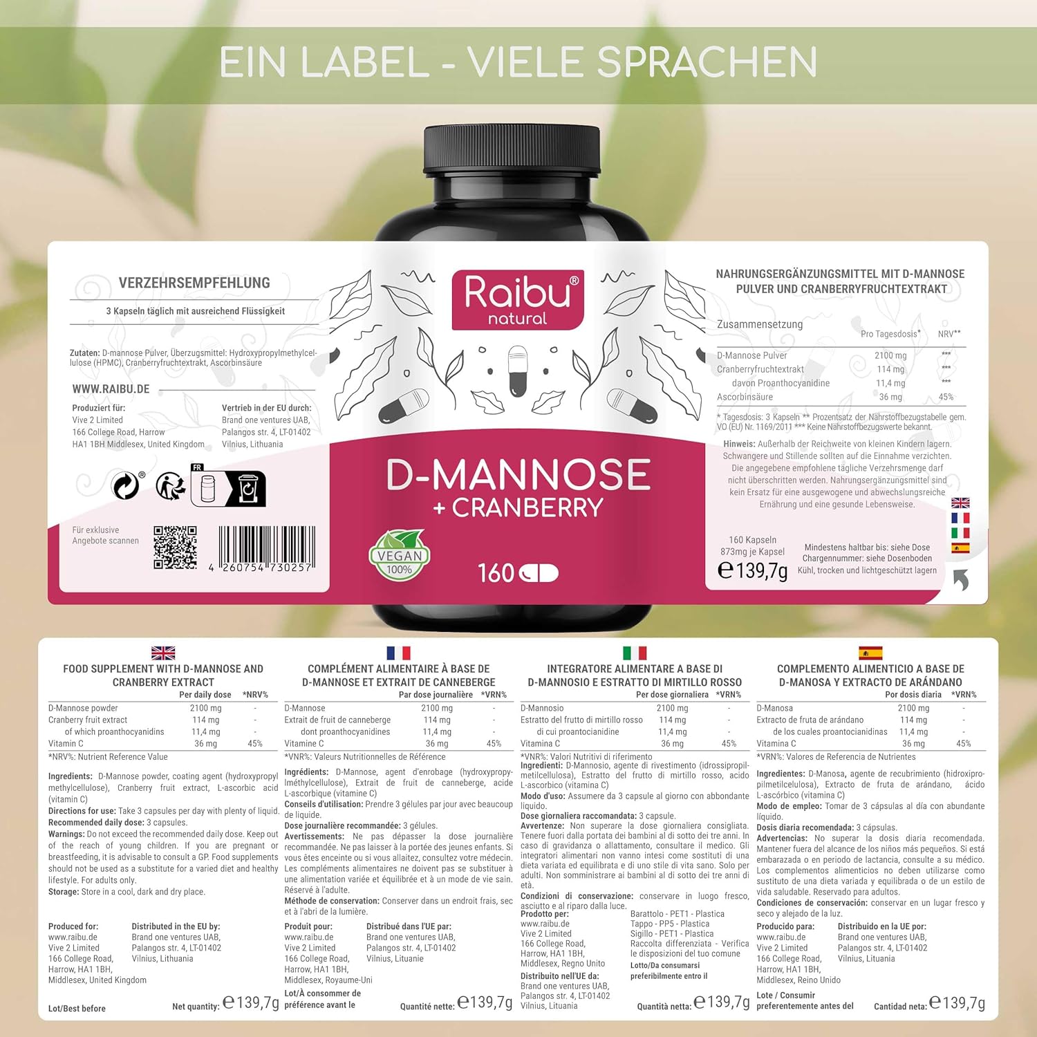 Detalle de Raibu D-Mannose Kapseln mit Cranberry – Hochdosierte Unterstützung für Harnwege