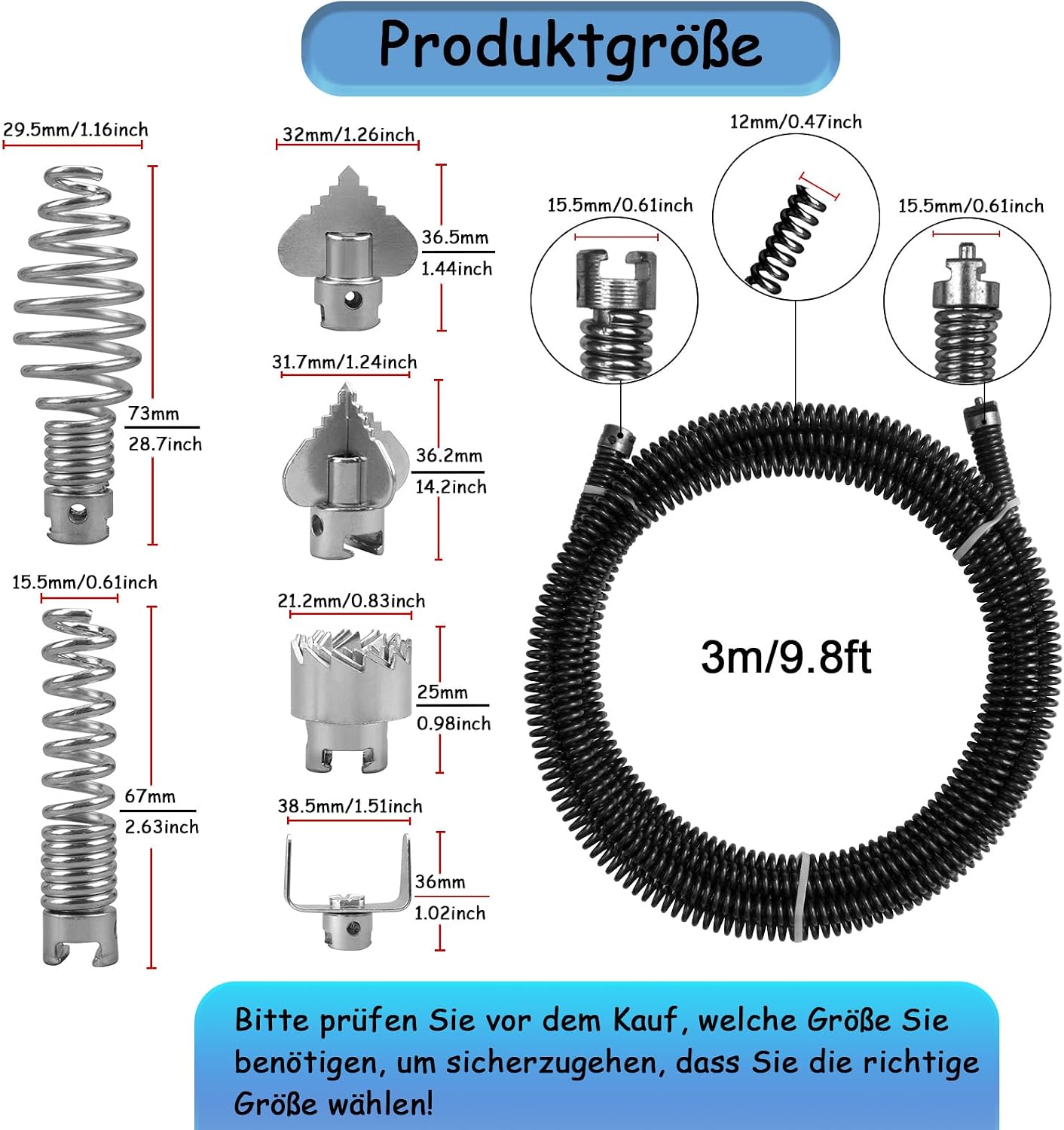 Detalle de Spirale per la pulizia dei tubi: set completo con 2 spirali da 3 m, teste intercambiabili e adattatore elettrico