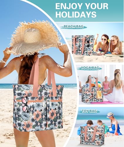 Detalle 2 de ENONEO Bolsa de Playa para Mujer Grande XXL con Cremallera y Compartimentos – Gris/Rosa