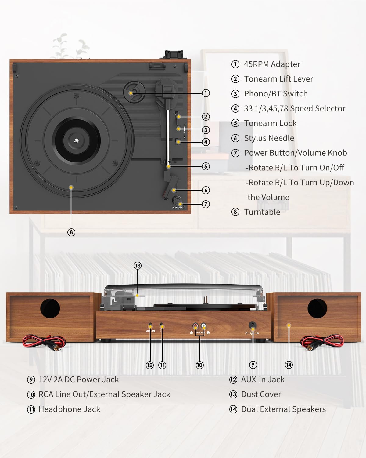 Thumbnail 6 de Vintage Belt-Drive Record Player with Dual External Speakers (3 Speed, Wood Red)