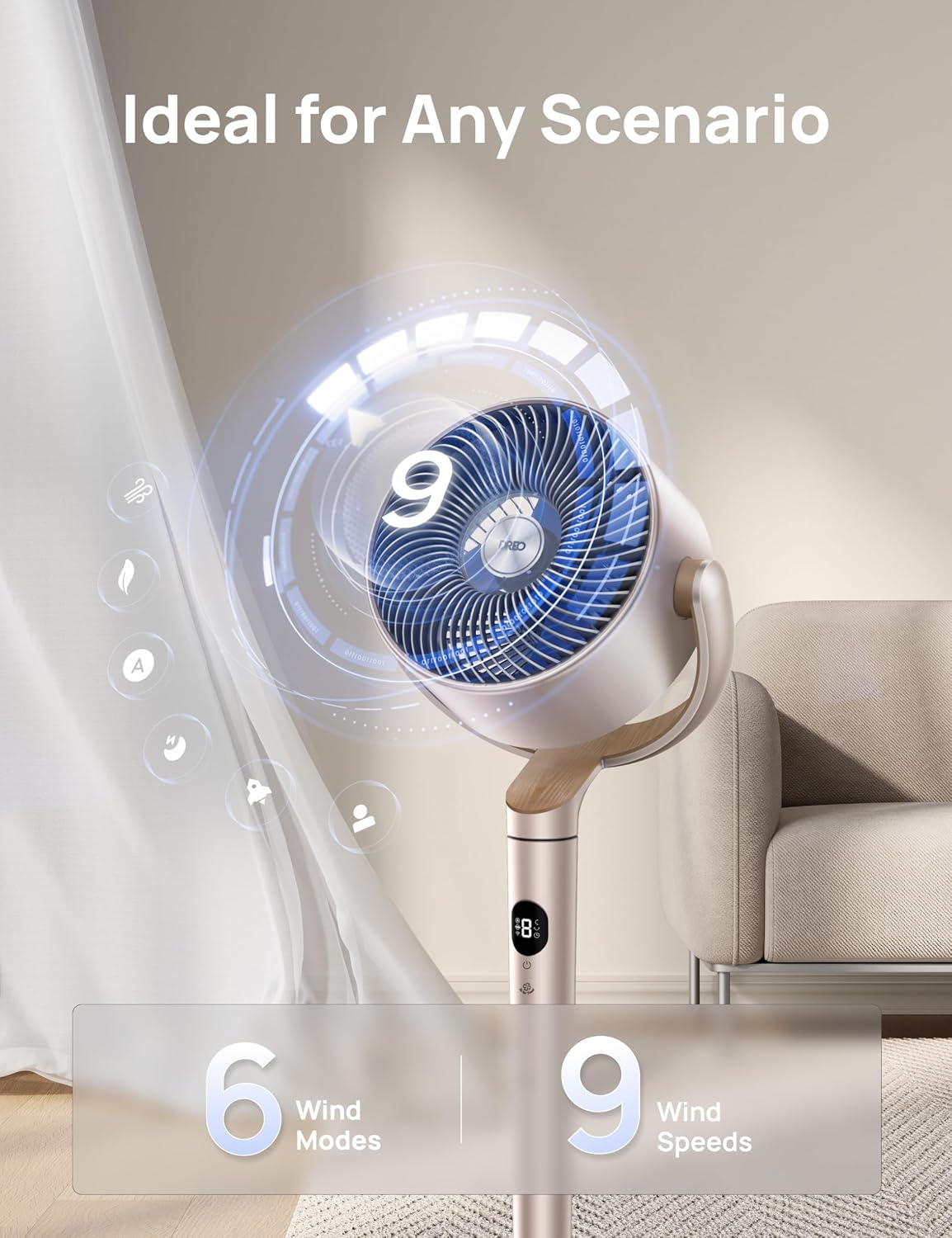 Detalle de DREO Smart Fans for Bedroom Starlight: 100 ft quiet pedestal fan with Wi‑Fi/voice, RGB light, 9 speeds & 120°/120° oscillation