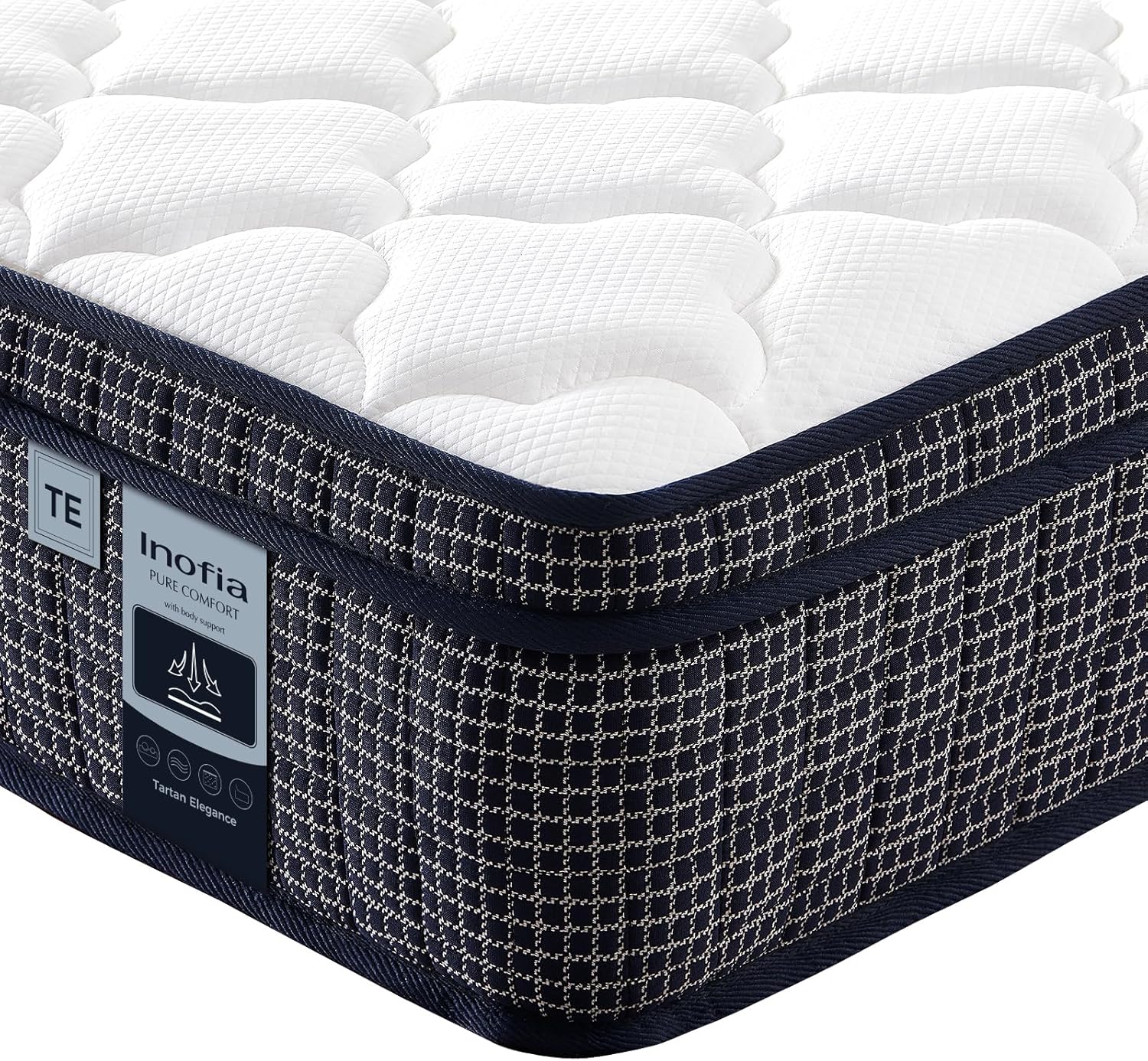 Matelas Inofia Tartan-E 140x190 à ressorts ensachés 7 zones, gel HermoReg et housse VitaFlow 28 cm