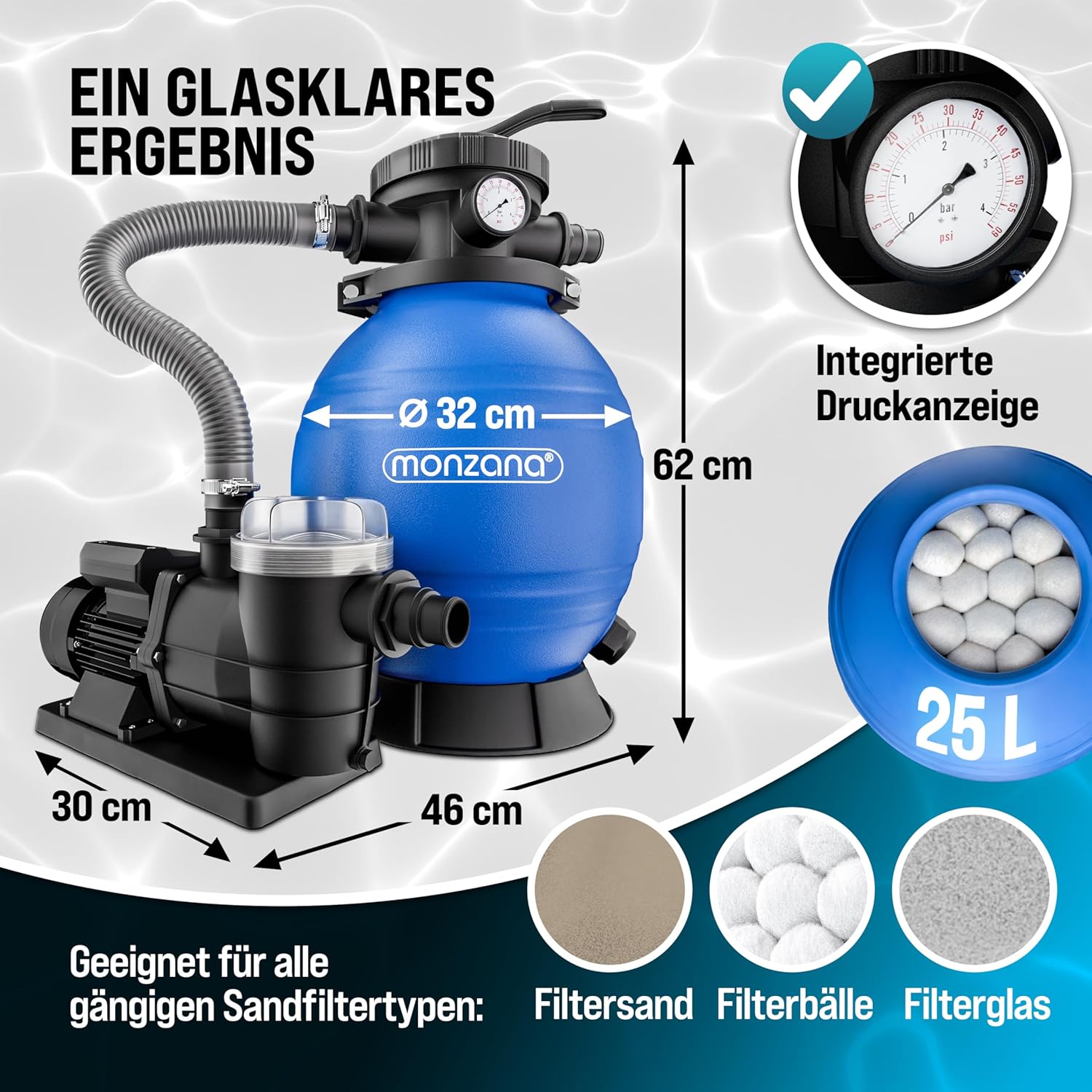 Thumbnail 5 de MONZANA® Sandfilteranlage SF96K 9.600 L/h für Pools bis 30.000 L inklusive Filterbälle, 7-Wege-Ventil, 2-in-1 Adapter Ø32-38 mm, 400 W