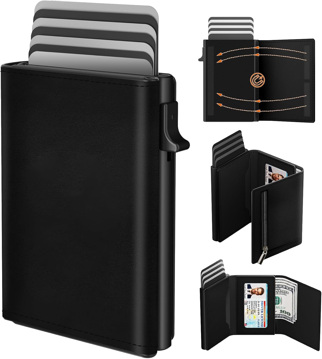 Detalle de Men’s Wallet Credit Card Holder with Pop-up Card Case, RFID Blocking & Coin Pocket (Top Grain Leather + 6063 T5 Aluminium)