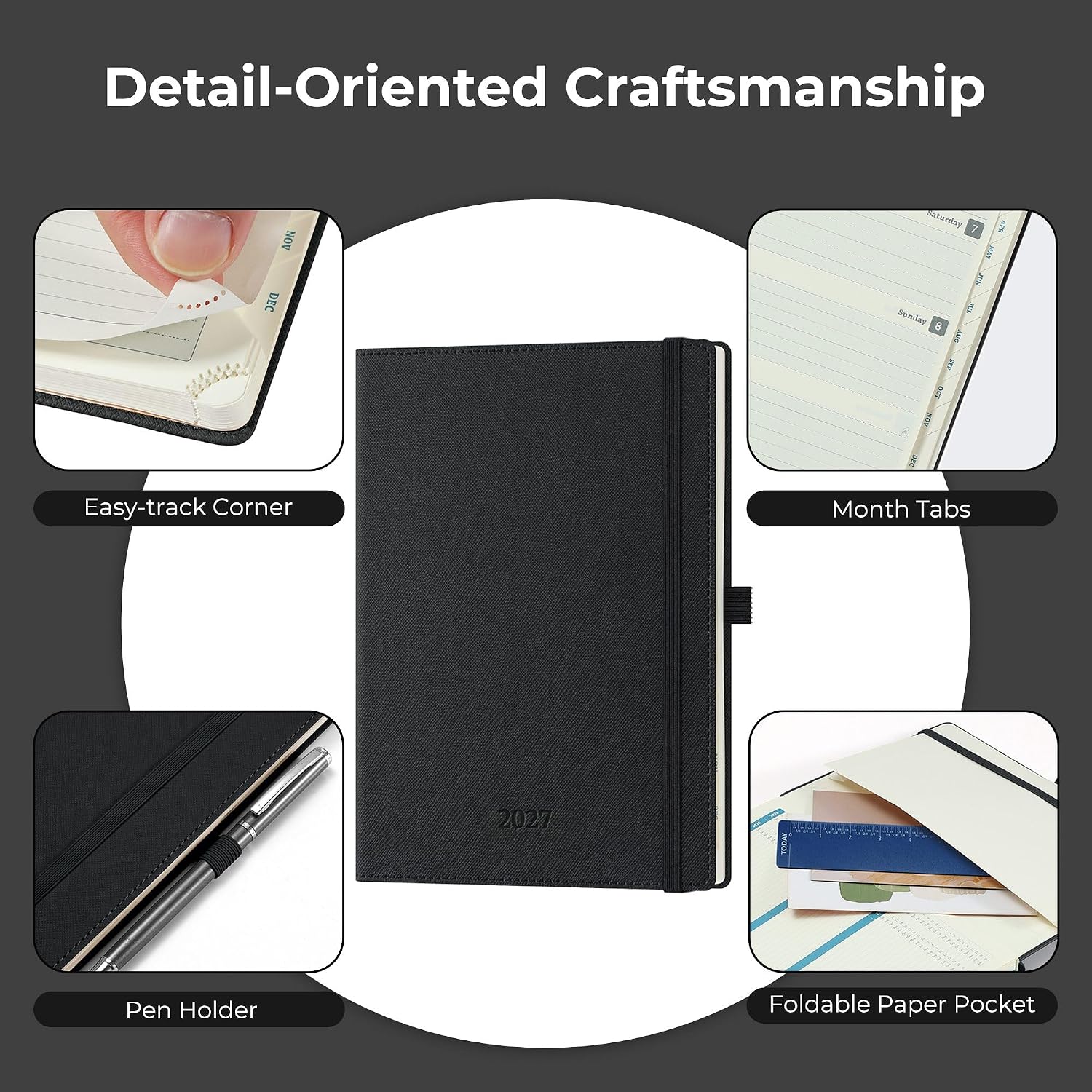 Detalle de IN-LUXPRO 2027 Weekly and Monthly Planner with Vegan Leather Cover, Tabs & Pocket