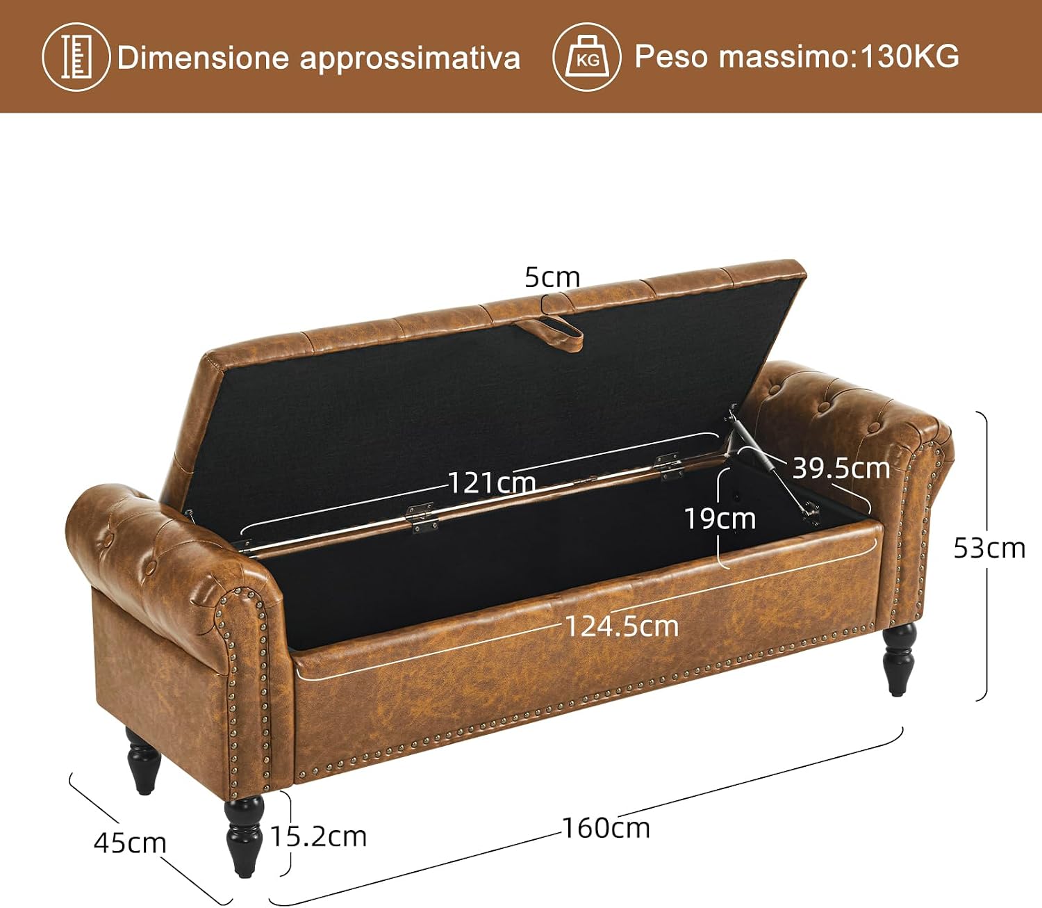 Thumbnail 1 de Ckaff Panca Fondo Letto Matrimoniale 160 cm – Cassapanca contenitore in pelle PU marrone