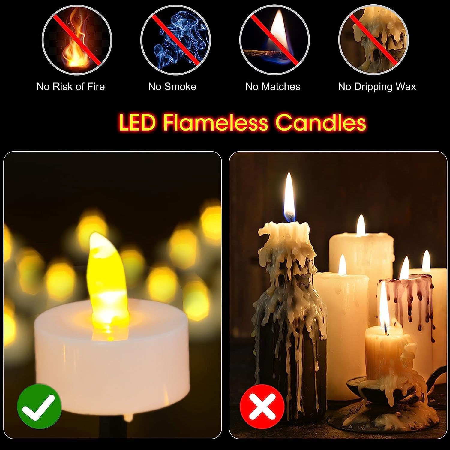 Detalle de 12 Pack Flickering Battery-Operated Flameless LED Tea Lights with Timer (6 Hours On / 18 Hours Off) – Warm Yellow