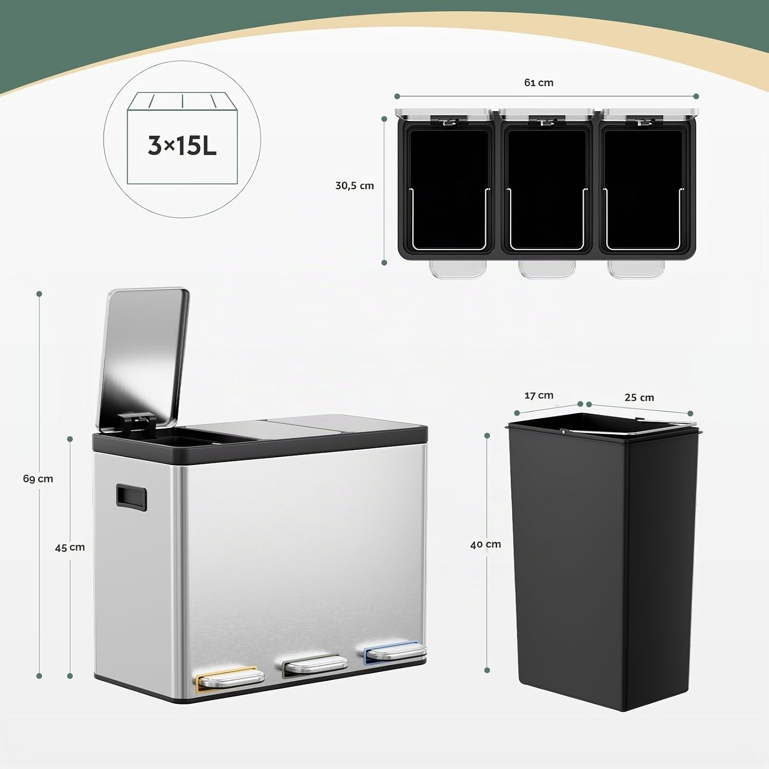 Thumbnail 6 de Clevich 45LSC selectief sorteersysteem, 3 x 15 liter, zilver staal