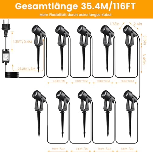 Detalle de Gartenbeleuchtung mit Netzbetrieb 35 m, 3 W × 10Stück – LONIUTO IP65 Außenstrahler, 3000K Warmweiß, Fernbedienung