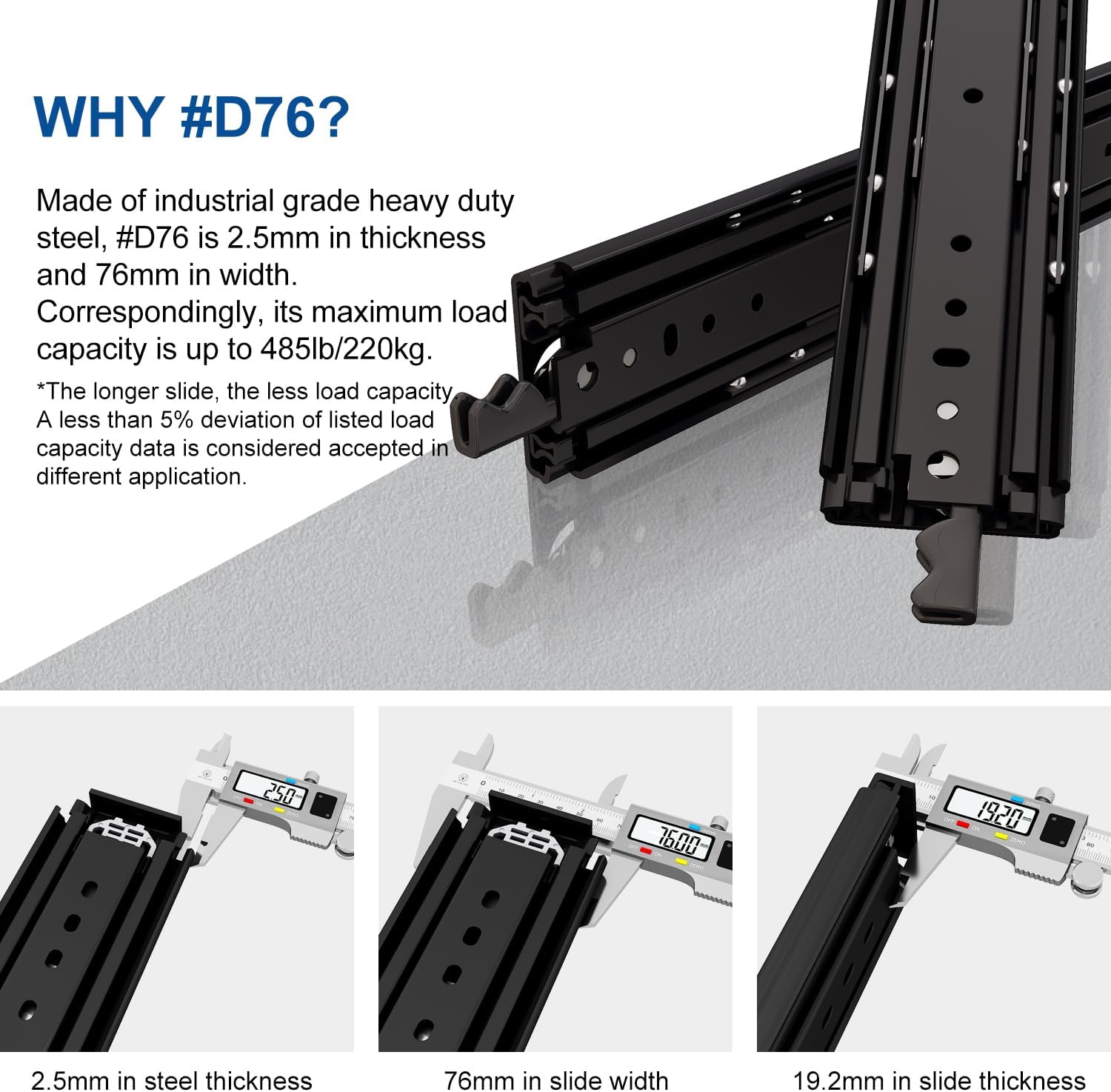 Thumbnail 2 de VADANIA 1100mm Ultra Heavy Duty Drawer Runners with Lock (Black) #D76 – Full Extension Side Mount, 130–220kg