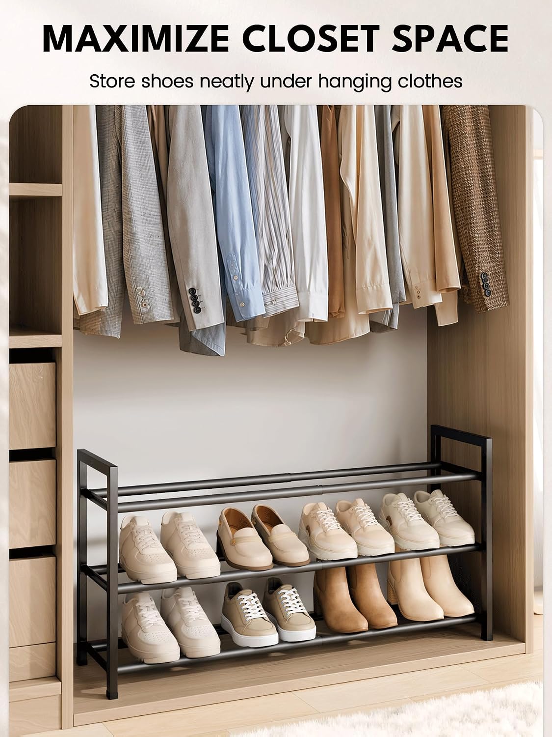 Detalle de Bumusty 3-Tier Expandable Shoe Rack 18โ33" ๐ช