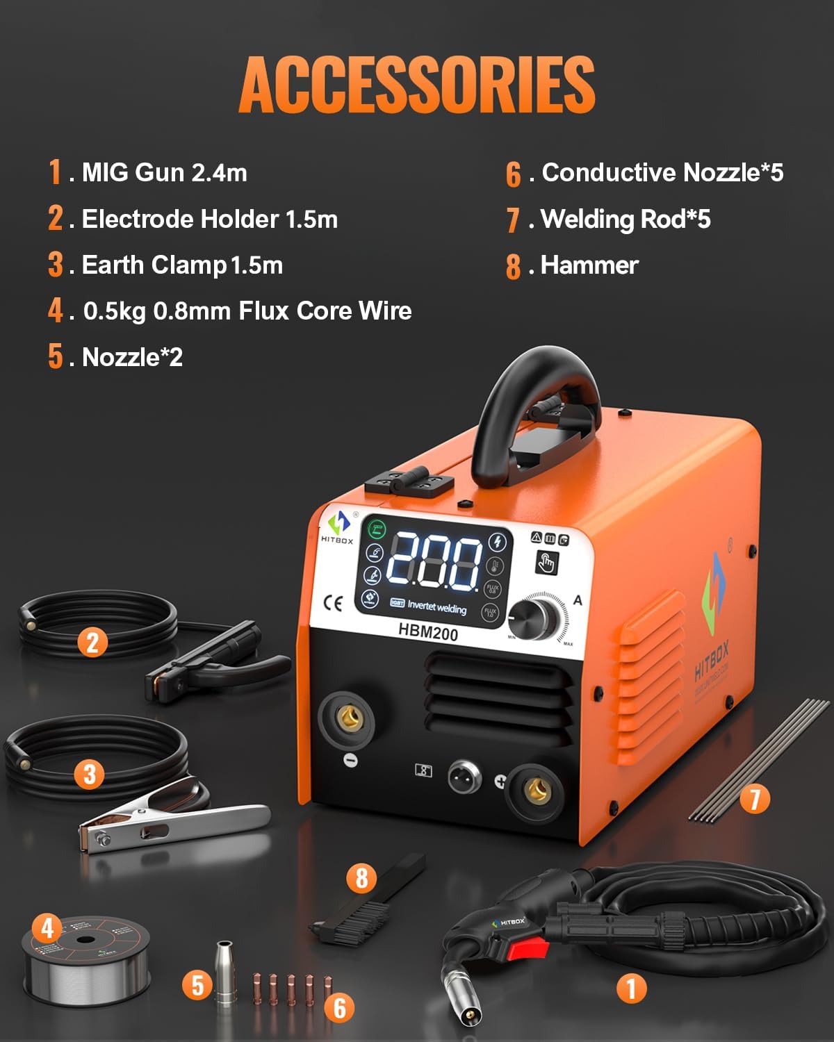 Thumbnail 6 de HITBOX HBM200 200A Gasless MIG Welder (240V) – Portable IGBT Inverter 3-in-1 MIG/Stick/Lift TIG