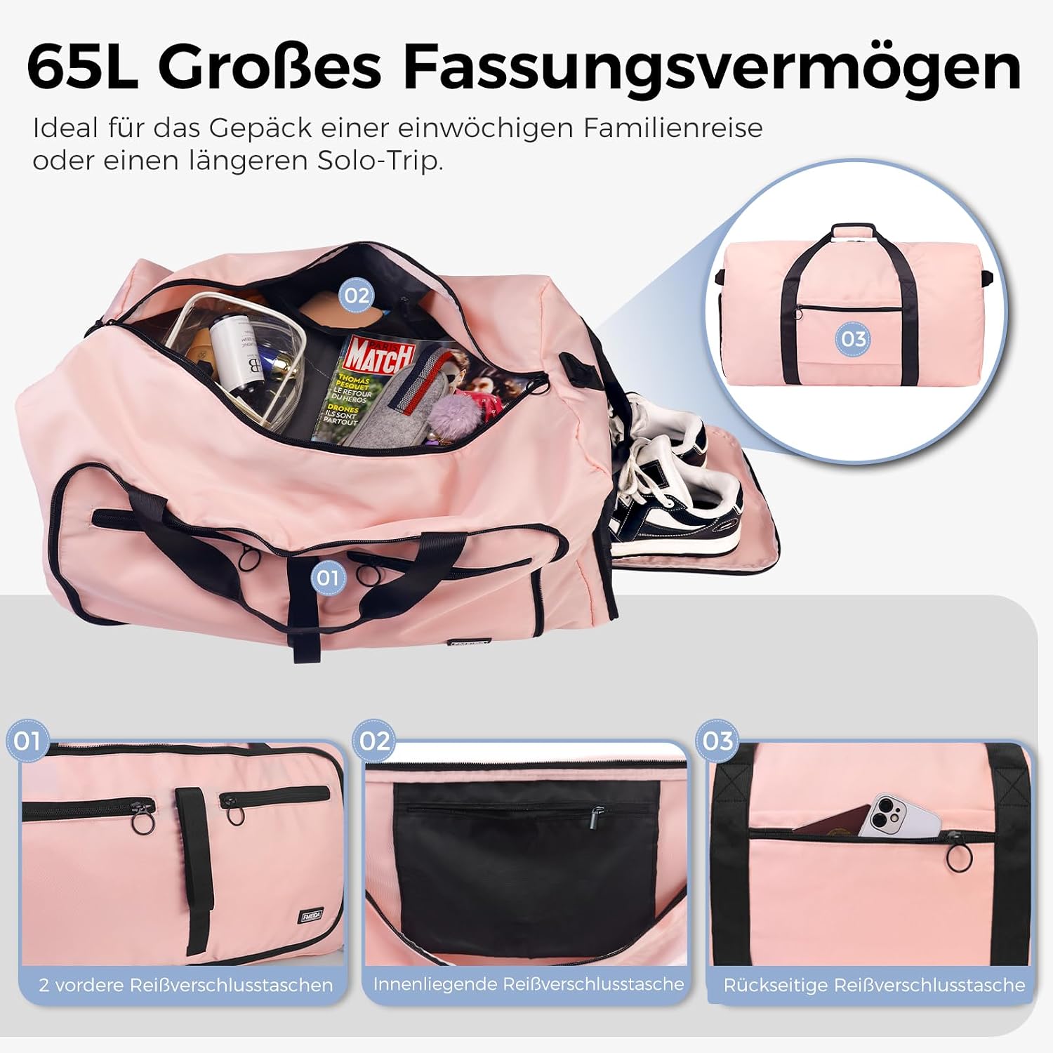 Detalle 2 de Fmeida Saunatasche Damen große Reisetasche faltbar mit Schuhfach, wasserdicht – Weekender- & Handgepäck-Tasche (hellpink)