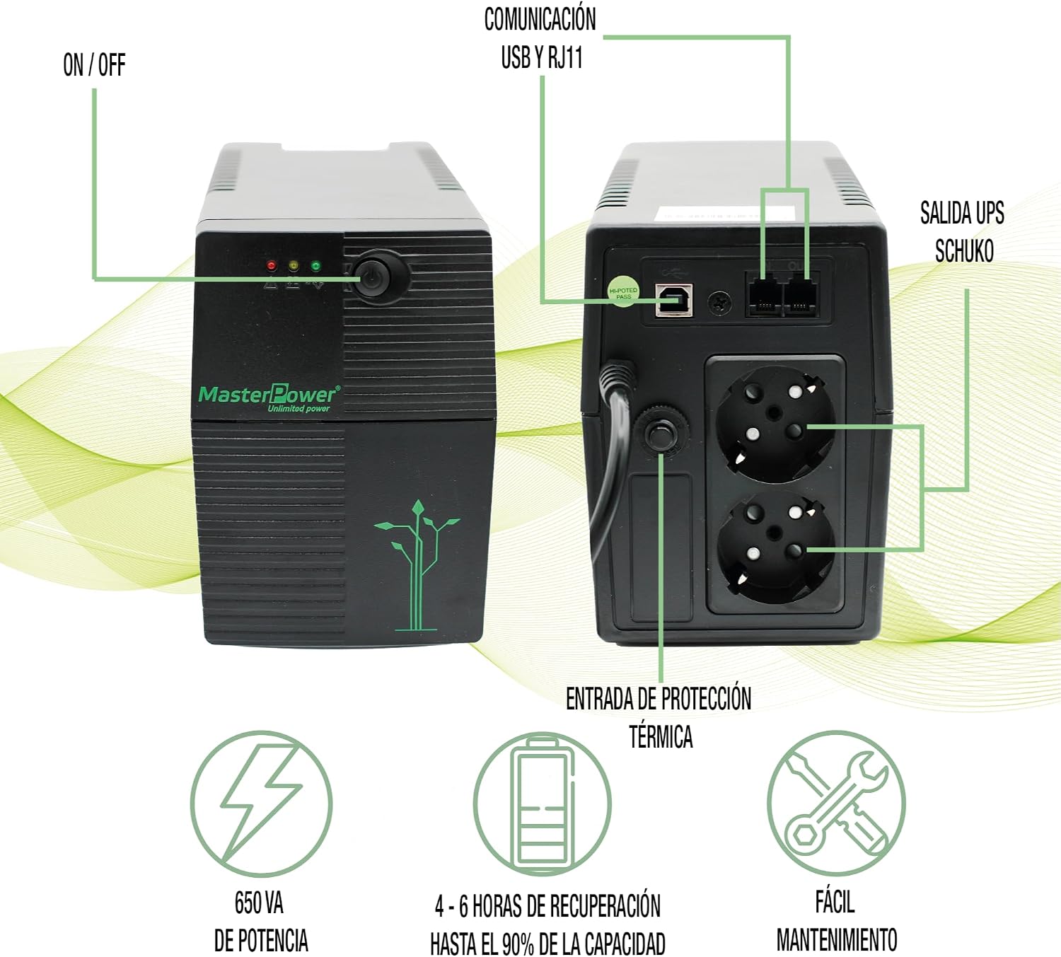 Detalle de Master U-Power MF-UPS650VA – zasilacz UPS 650 VA, 360 W, 2 gniazda Schuko